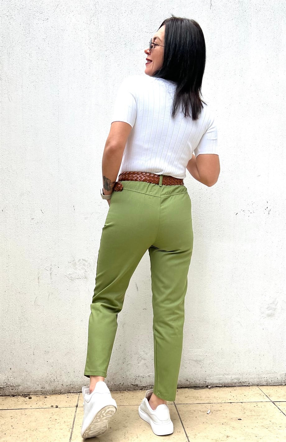 Yeşil Beli Lastikli Örgü Kemer Dahil Keten Pantolon