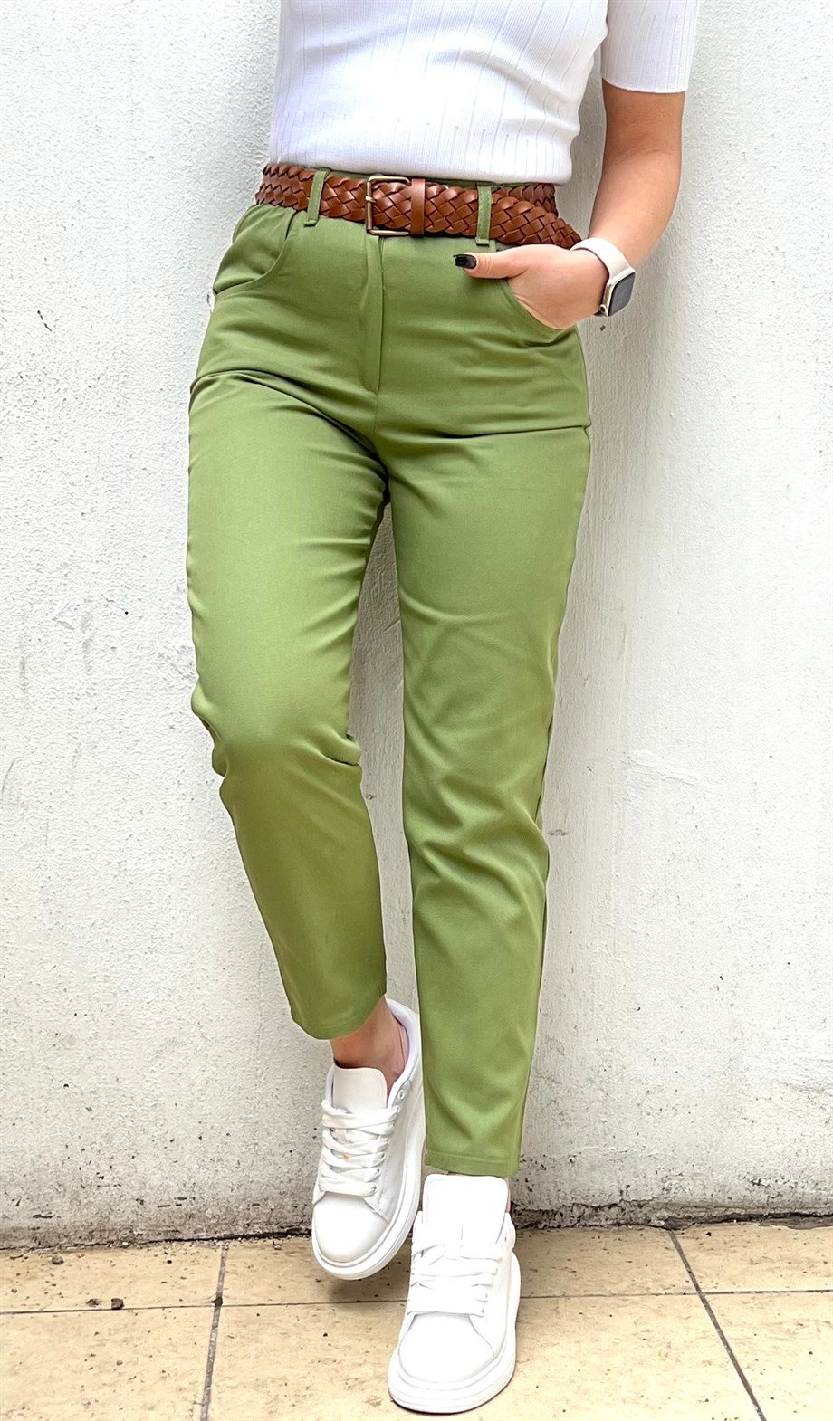 Yeşil Beli Lastikli Örgü Kemer Dahil Keten Pantolon