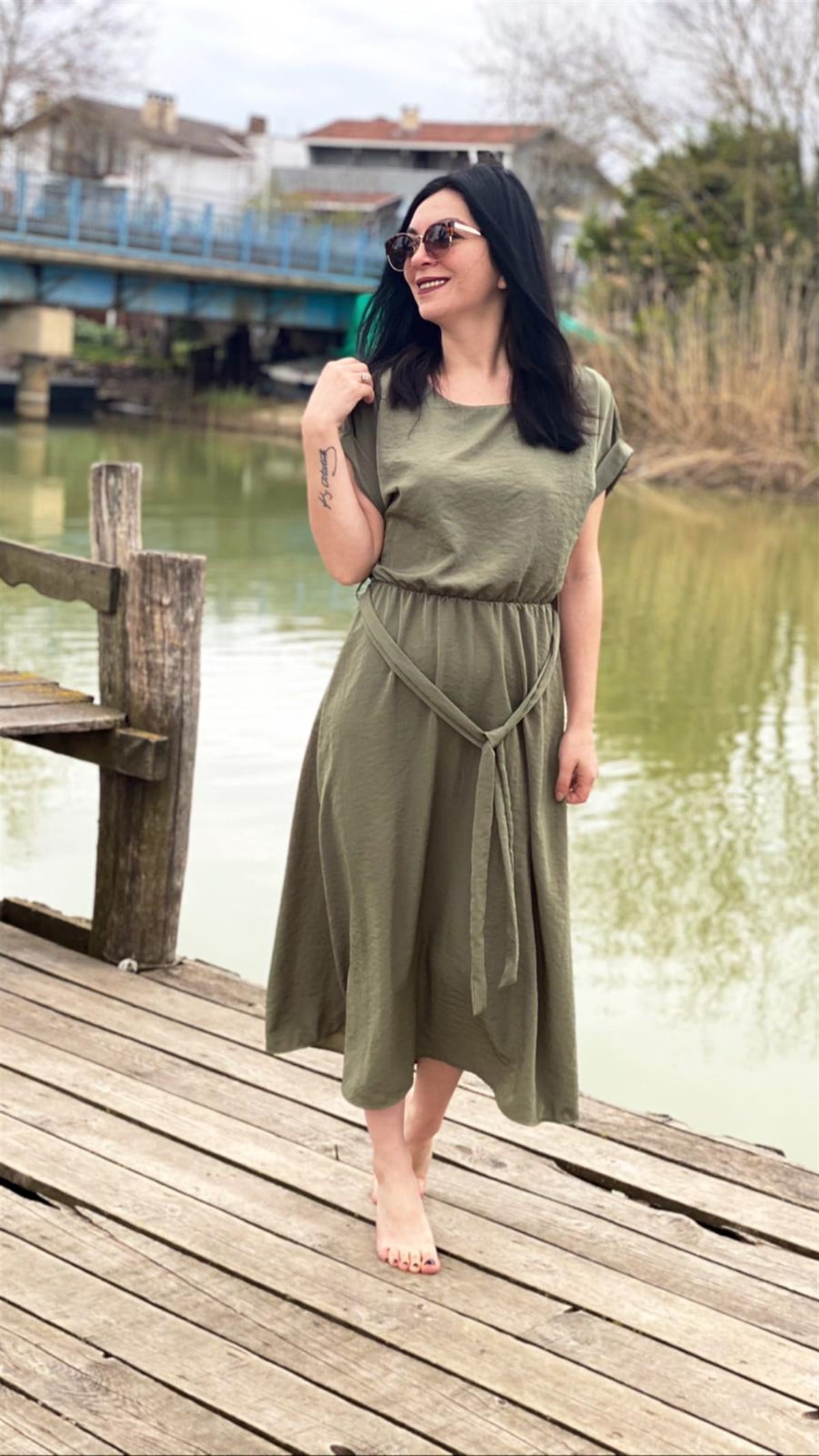 Zara Model Midi Boy Süper Kurtarıcı Tiril Tiril Haki Elbise