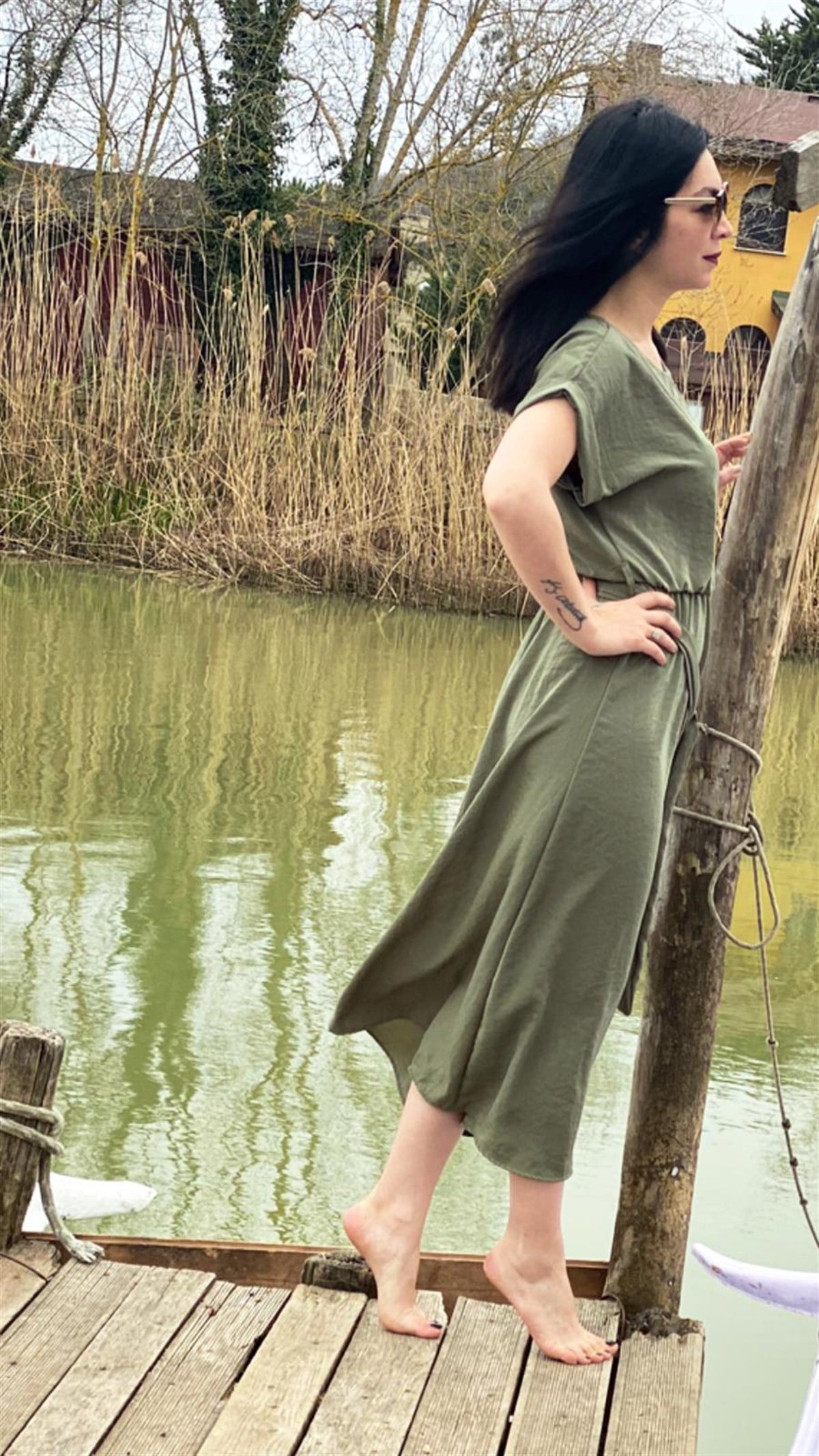 Zara Model Midi Boy Süper Kurtarıcı Tiril Tiril Haki Elbise