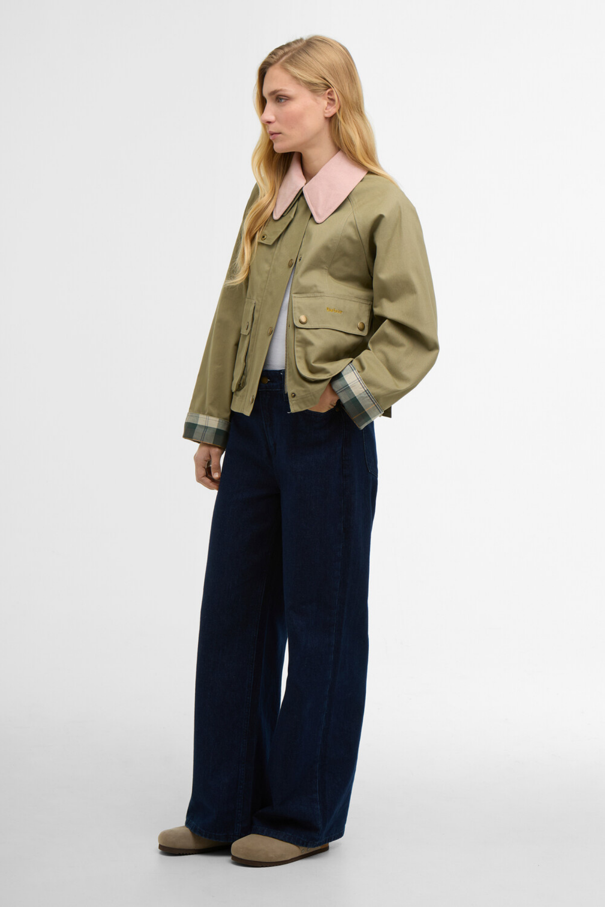 Barbour Cropped Beadnell Casual Ceket OL31 Bleached Olive/Ancient/Gardenia