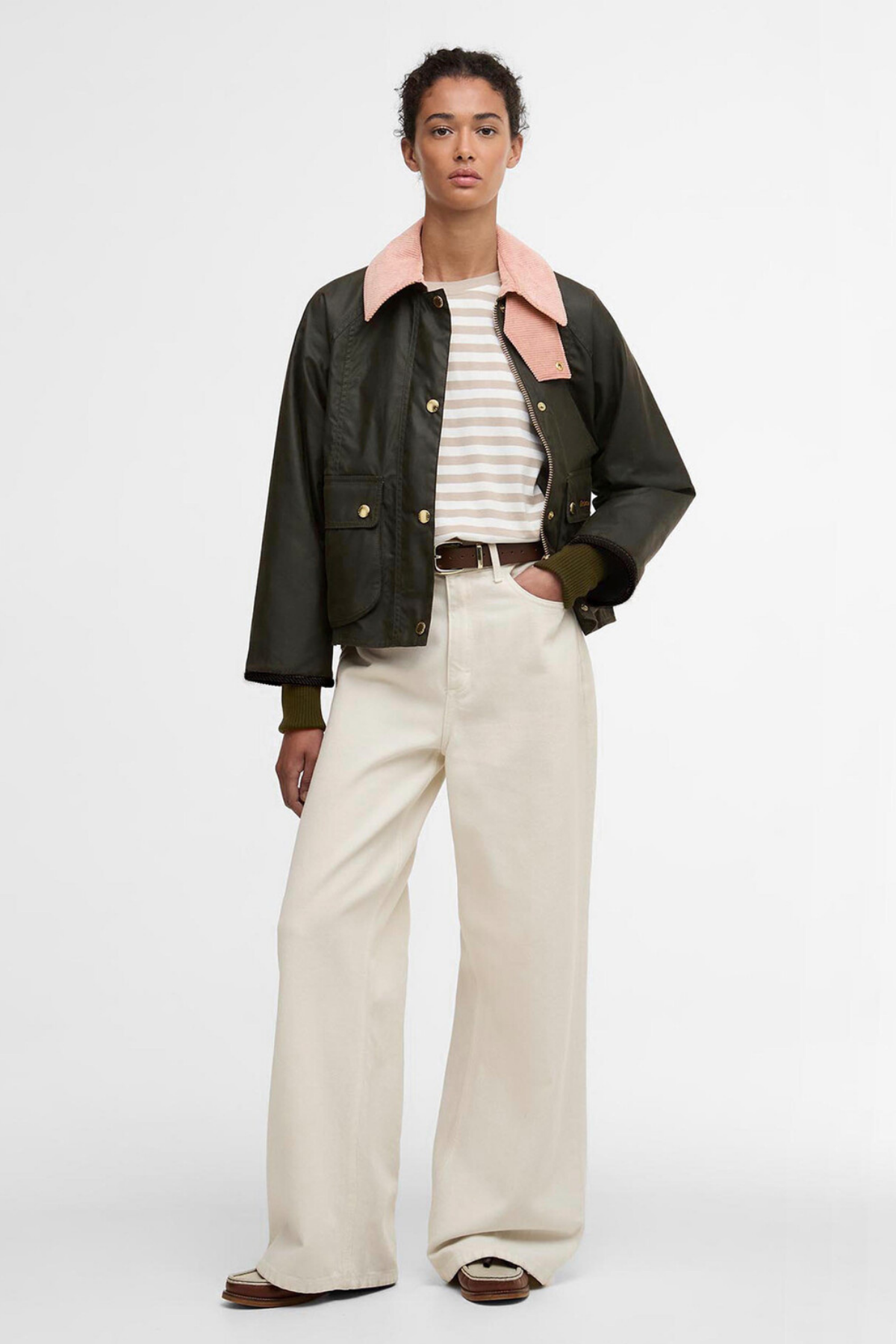Barbour Cropped Beadnell Yağlı Ceket OL99 Archive Olive/Ancient/Gardenia