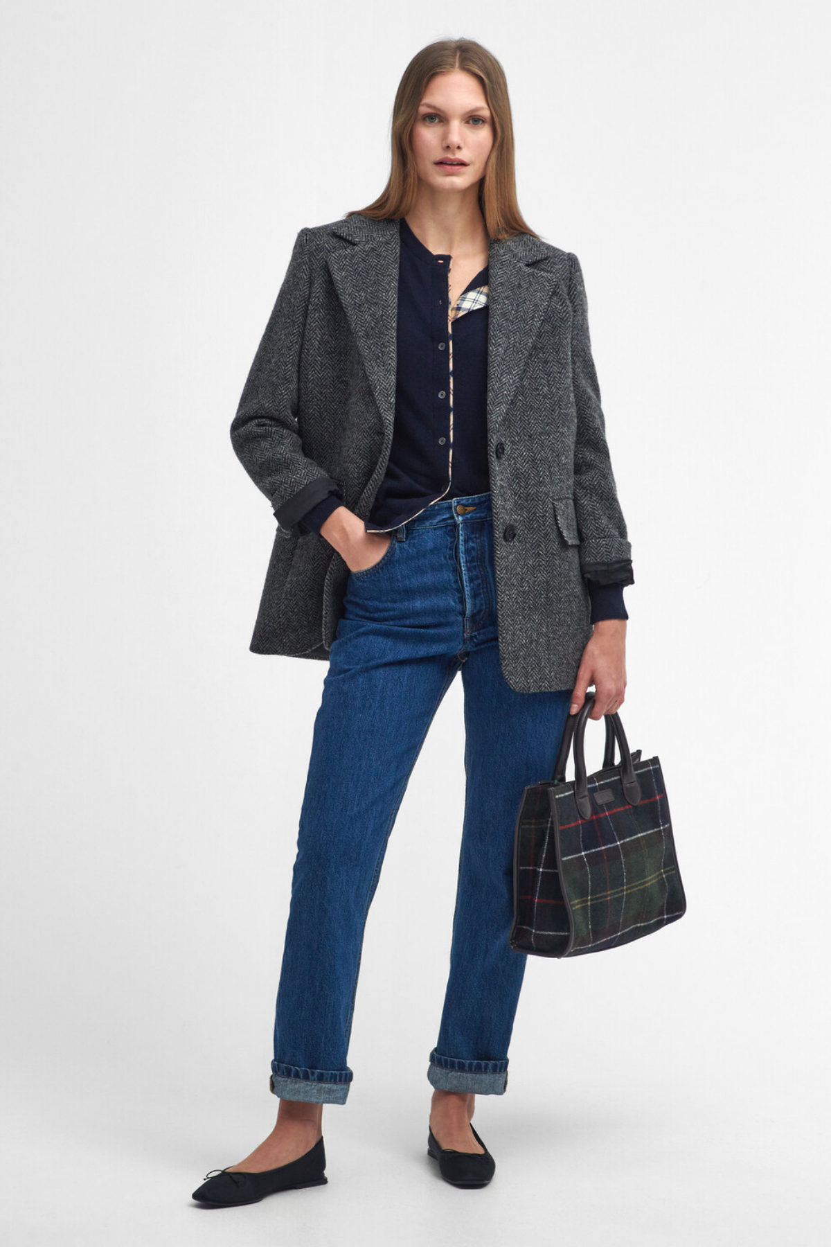 Barbour Pendle Triko Hırka NY78 Navy/Hessian Tartan