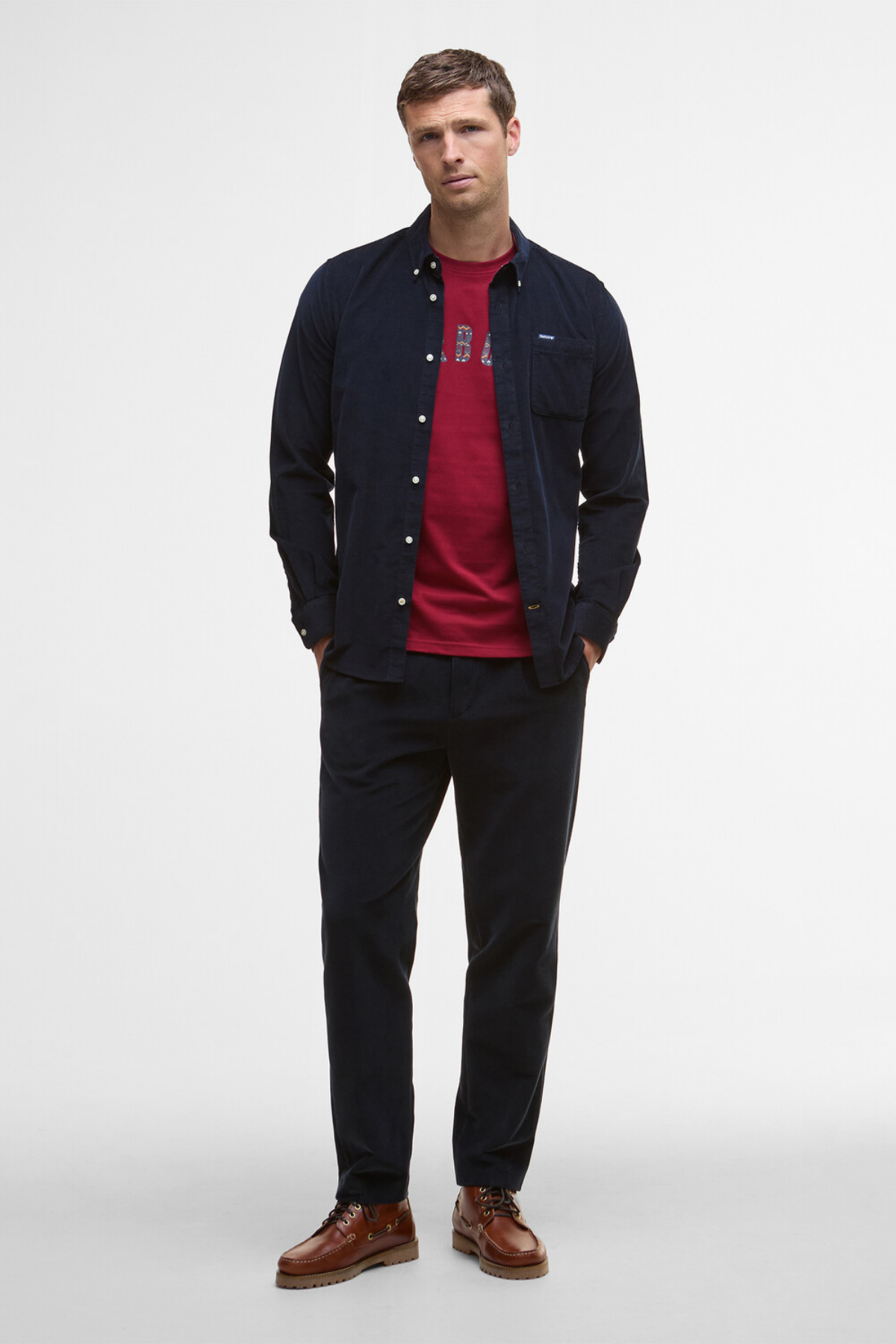 Barbour Ramsey Tailored Cord Gömlek MI32 Navy/Red