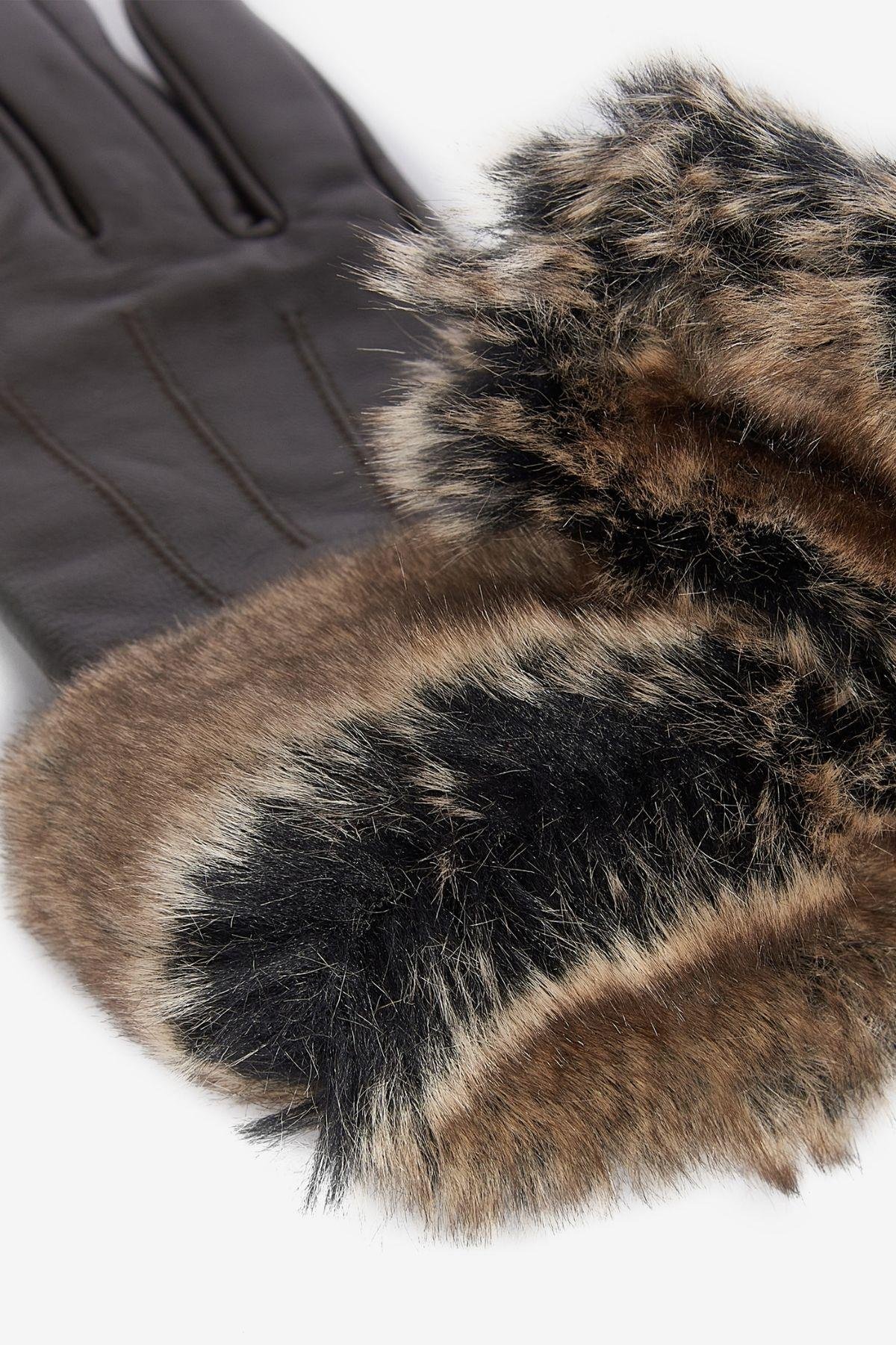 Barbour Suni Kürklü Deri Eldiven BR71 Dk.Brown
