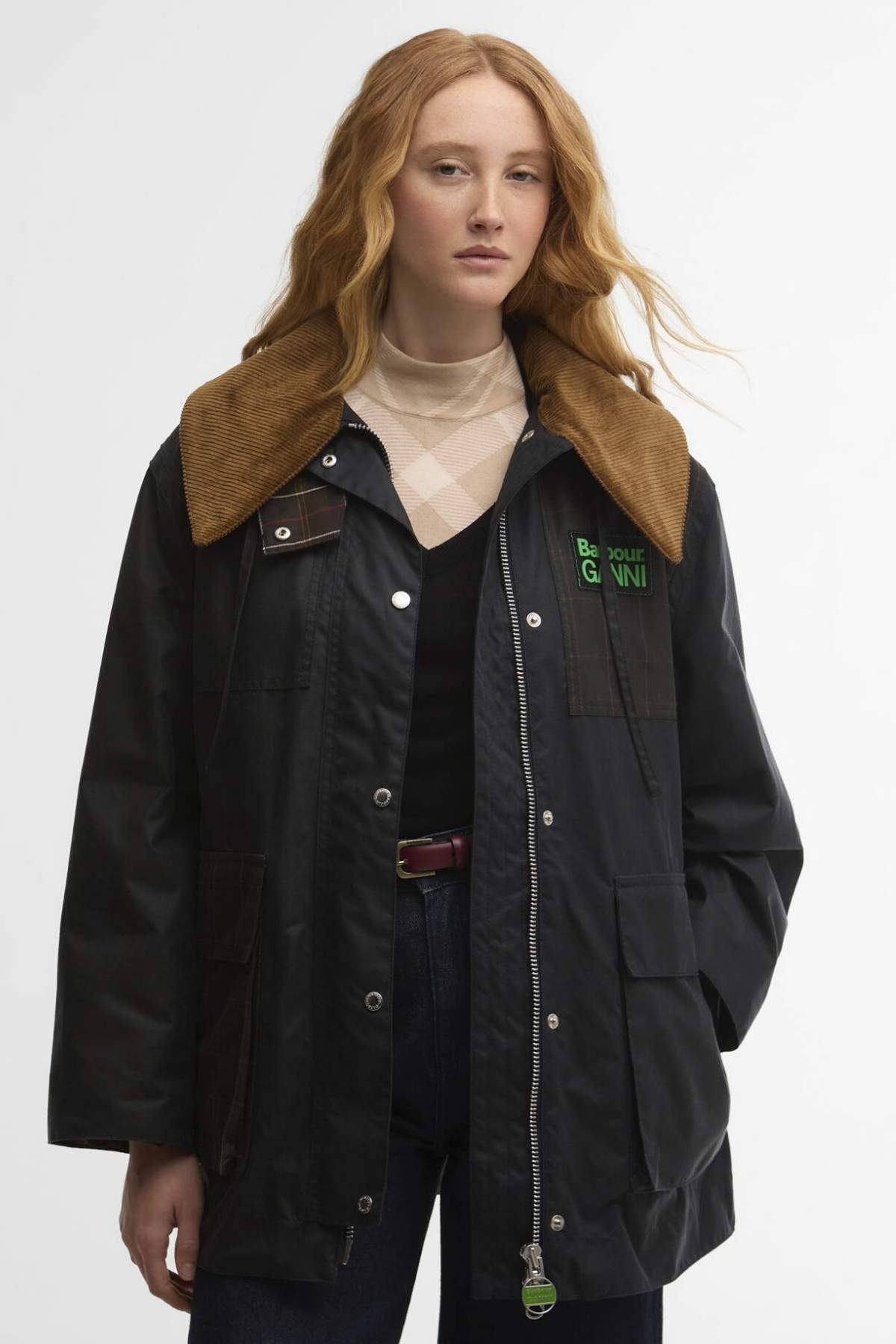 Barbour x Ganni Duffle Yağlı Ceket NY71 Navy - Classıc Tartan