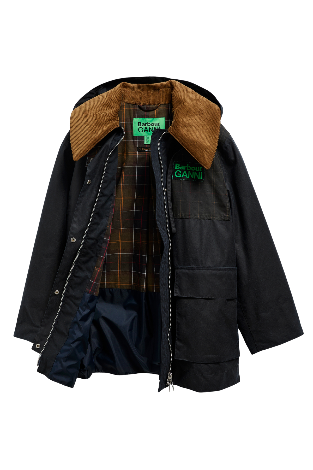 Barbour x Ganni Hooded Duffle Yağlı Ceket NY71 Navy - Classıc Tartan