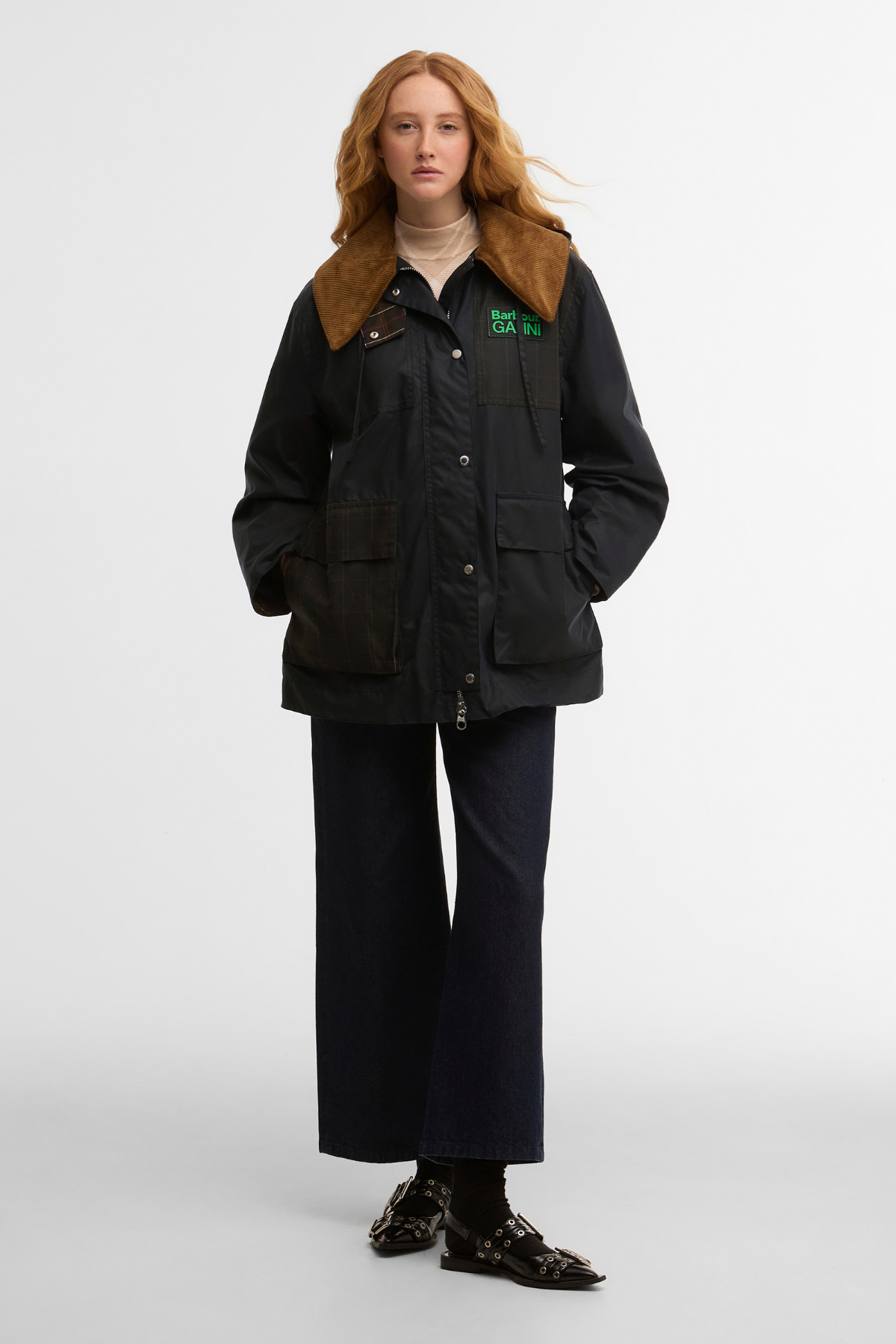 Barbour x Ganni Hooded Duffle Yağlı Ceket NY71 Navy - Classıc Tartan
