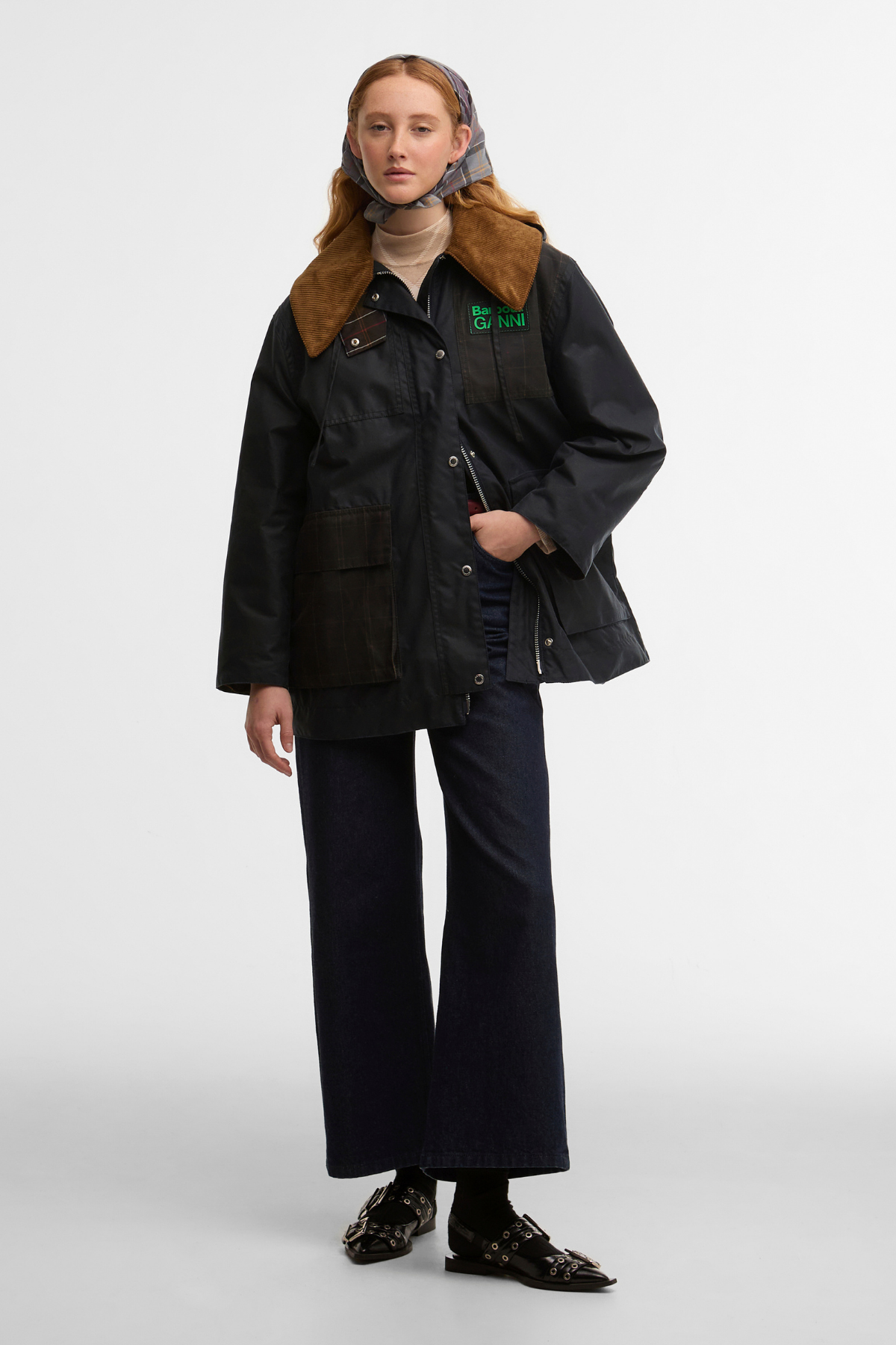 Barbour x Ganni Hooded Duffle Yağlı Ceket NY71 Navy - Classıc Tartan
