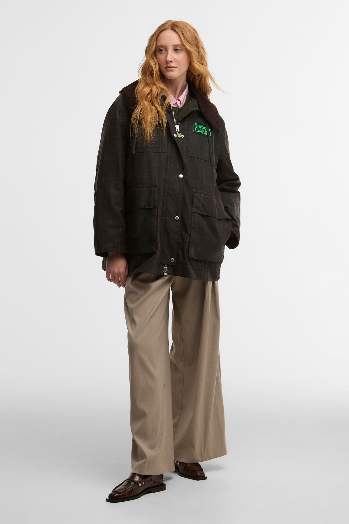 Barbour x Ganni Hooded Tartan Duffle Yağlı Ceket TN11 Classic Tartan/Fern