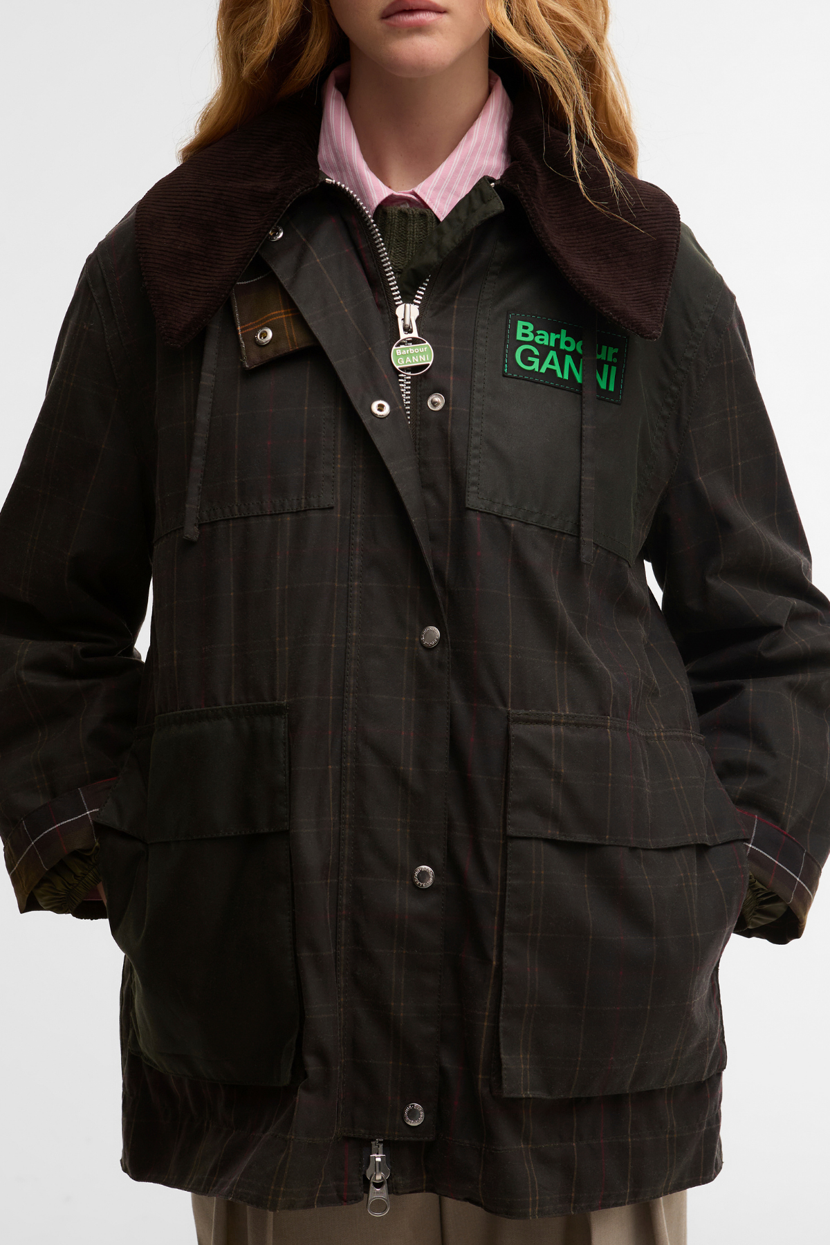 Barbour x Ganni Hooded Tartan Duffle Yağlı Ceket TN11 Classic Tartan/Fern