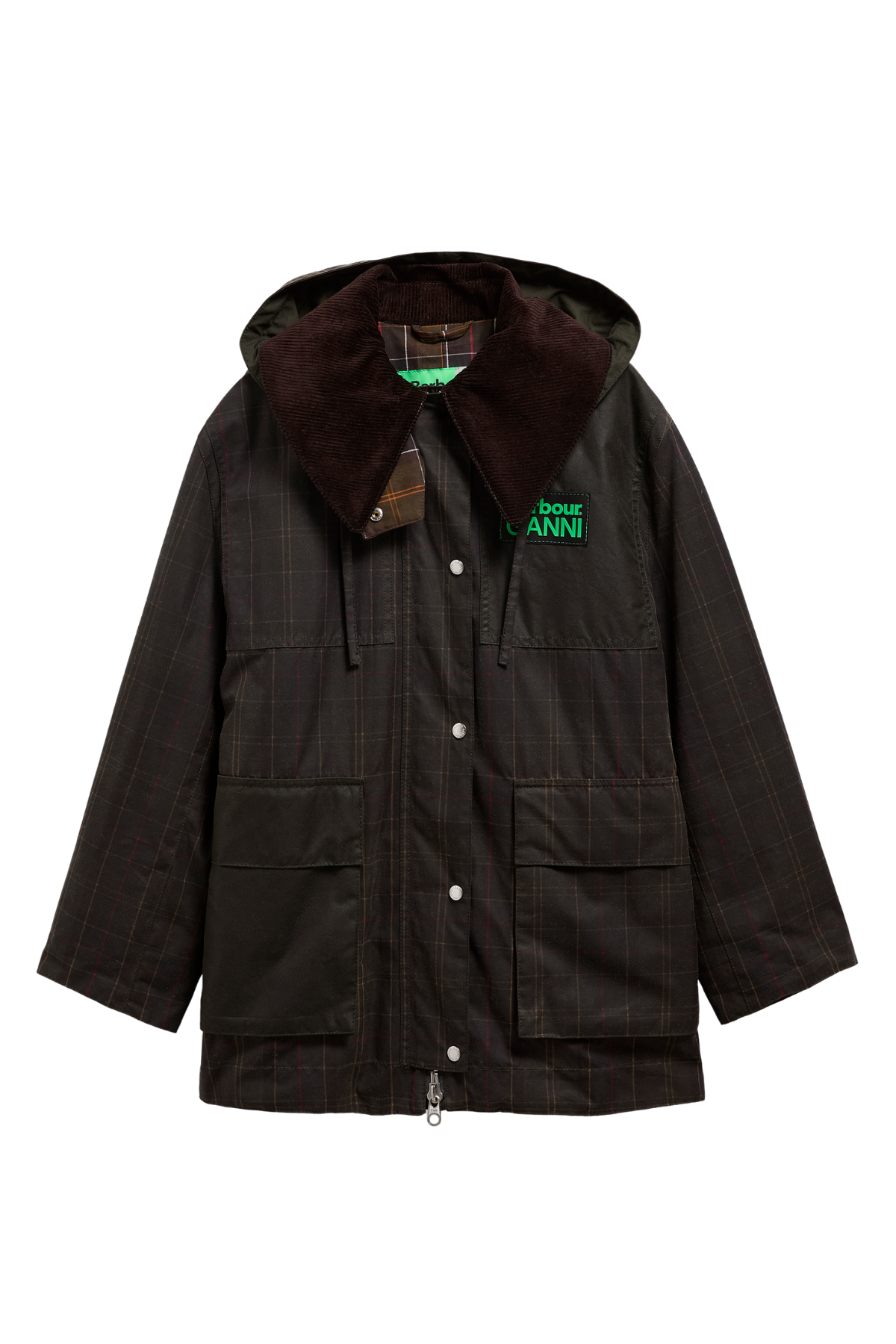 Barbour x Ganni Hooded Tartan Duffle Yağlı Ceket TN11 Classic Tartan/Fern
