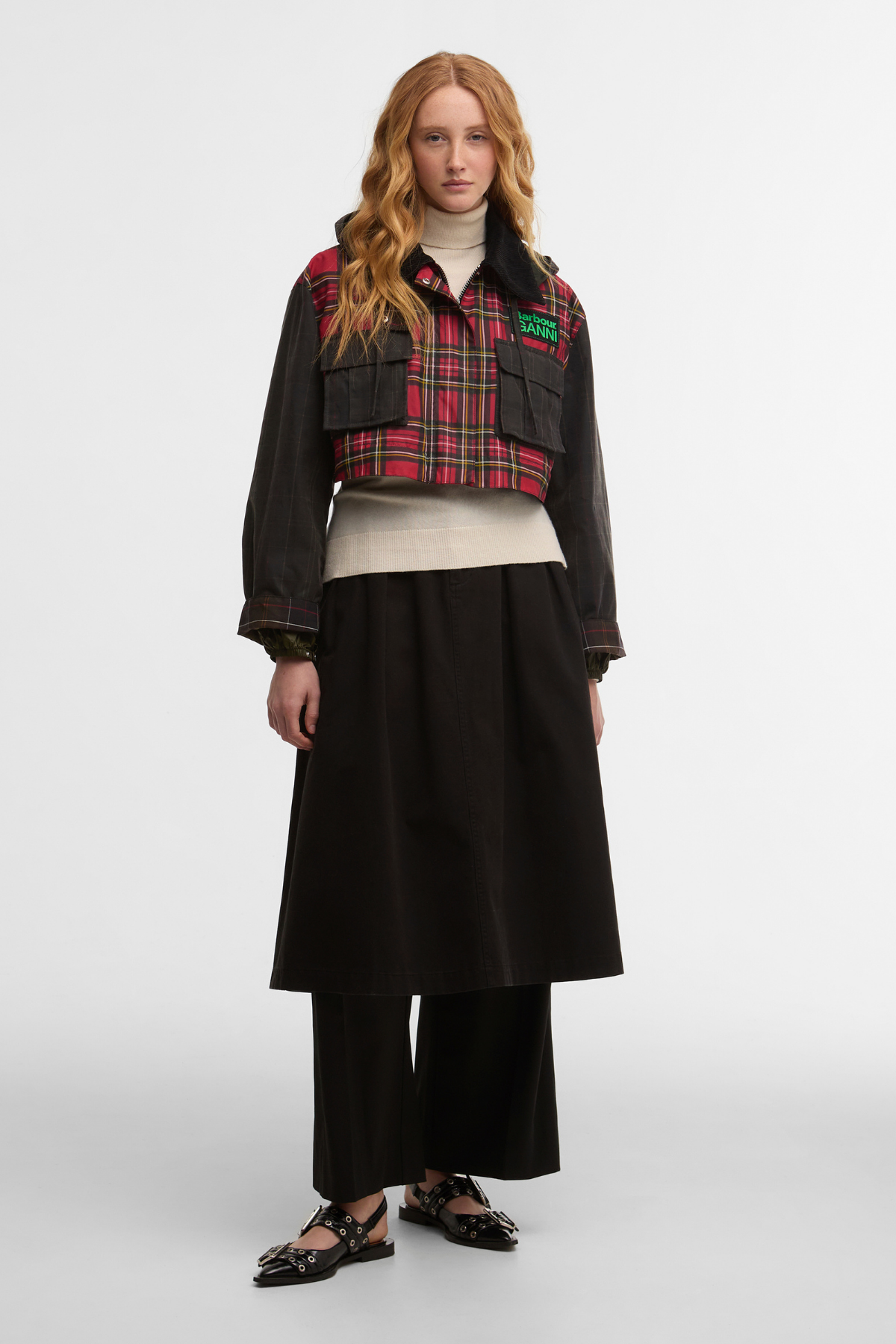 Barbour x Ganni Tartan Peplum Yağlı Ceket TN11 Classic/Royal Stewart/Charcoal/Classic Tartan