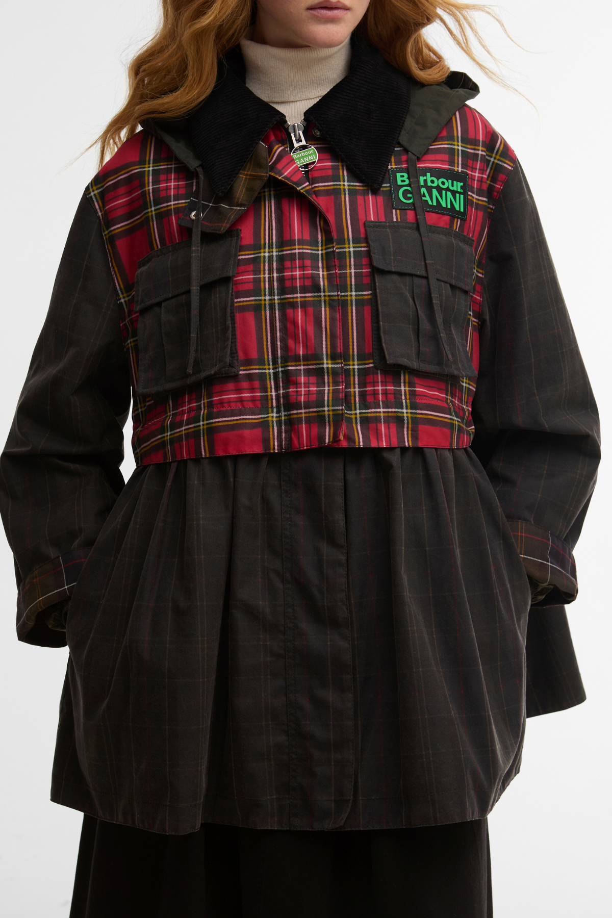 Barbour x Ganni Tartan Peplum Yağlı Ceket TN11 Classic/Royal Stewart/Charcoal/Classic Tartan