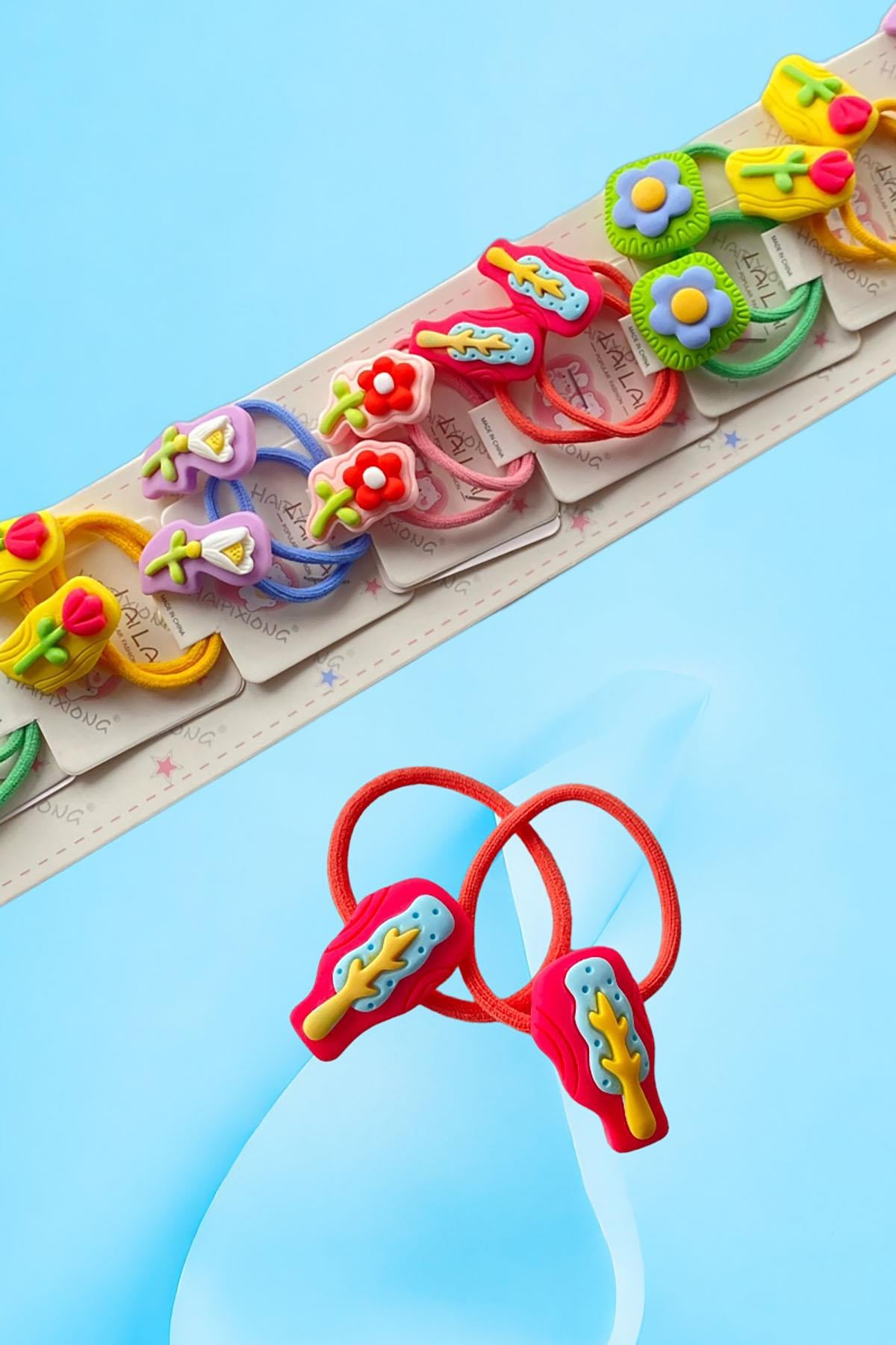 10'lu Karışık Renk Çiçek Figürlü Lastik Toka Set