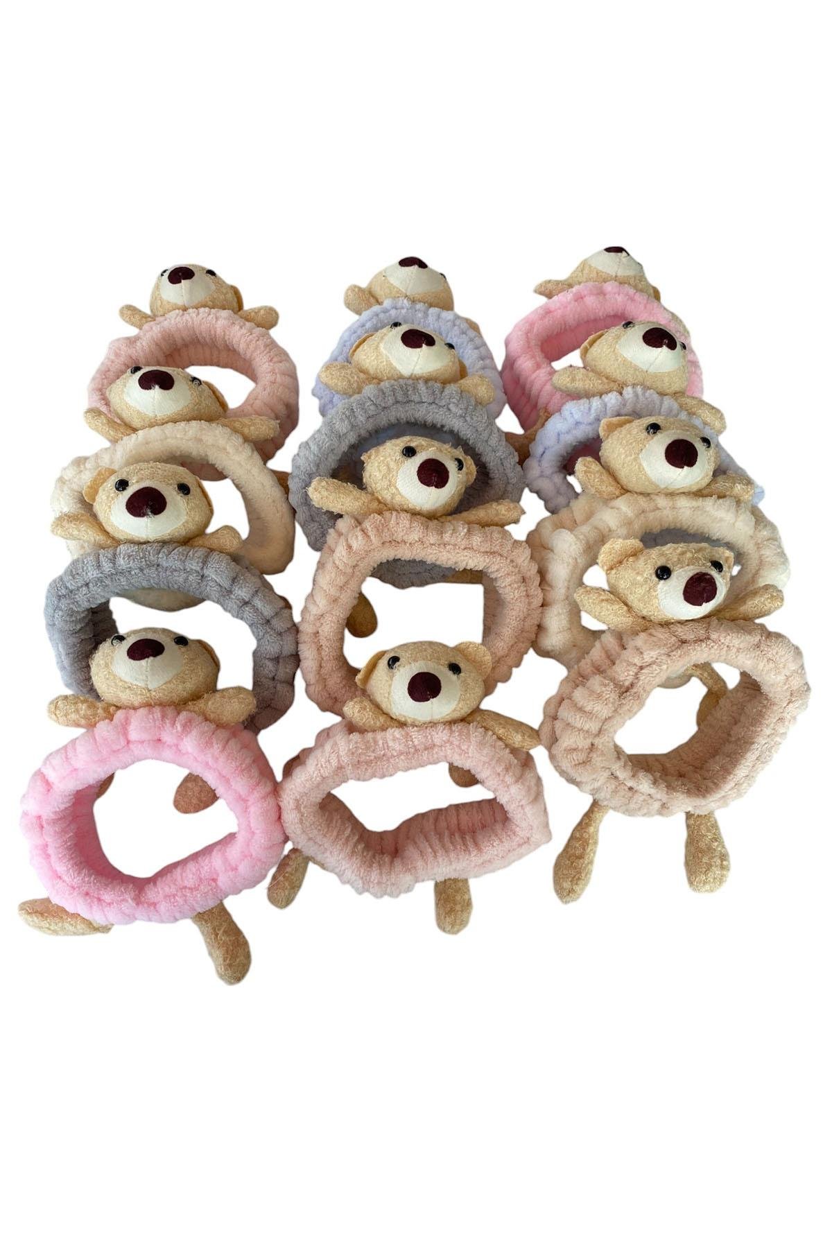 12'li Karışık Renk Ayıcık Figürlü Peluş Saç Bandı Set