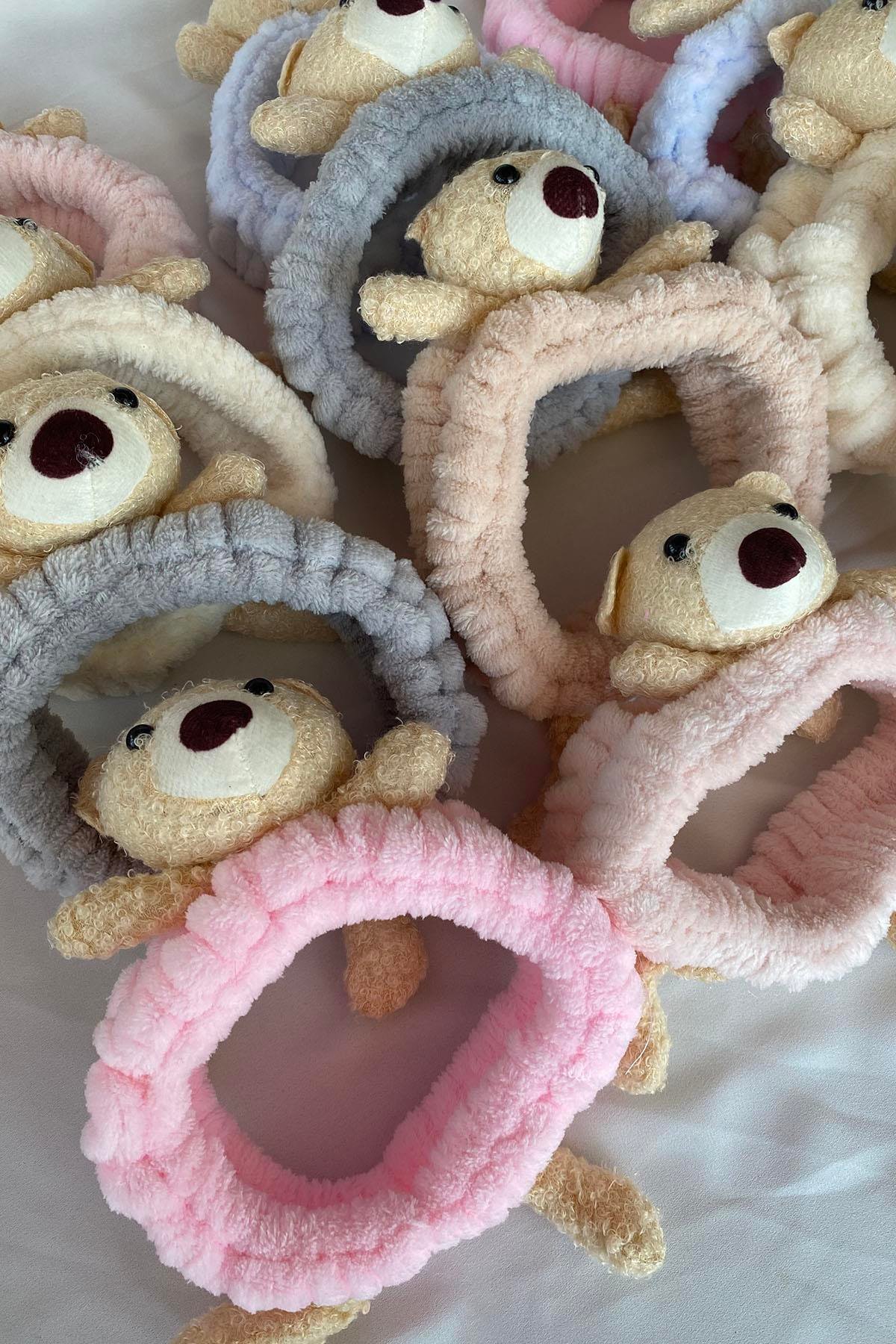 12'li Karışık Renk Ayıcık Figürlü Peluş Saç Bandı Set