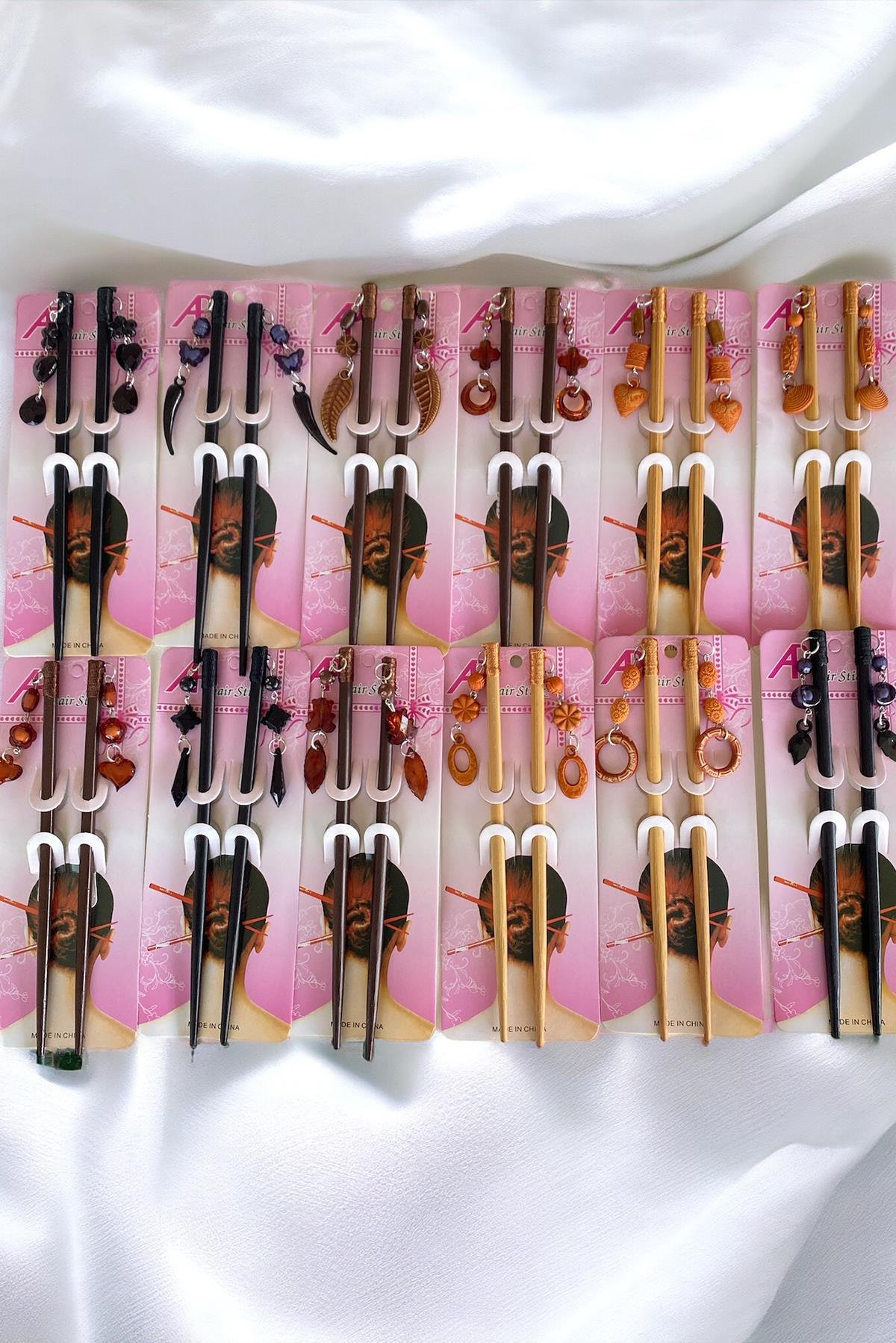 12'li Karışık Renk Taş Detaylı Topuz Kalemi/ Tokası