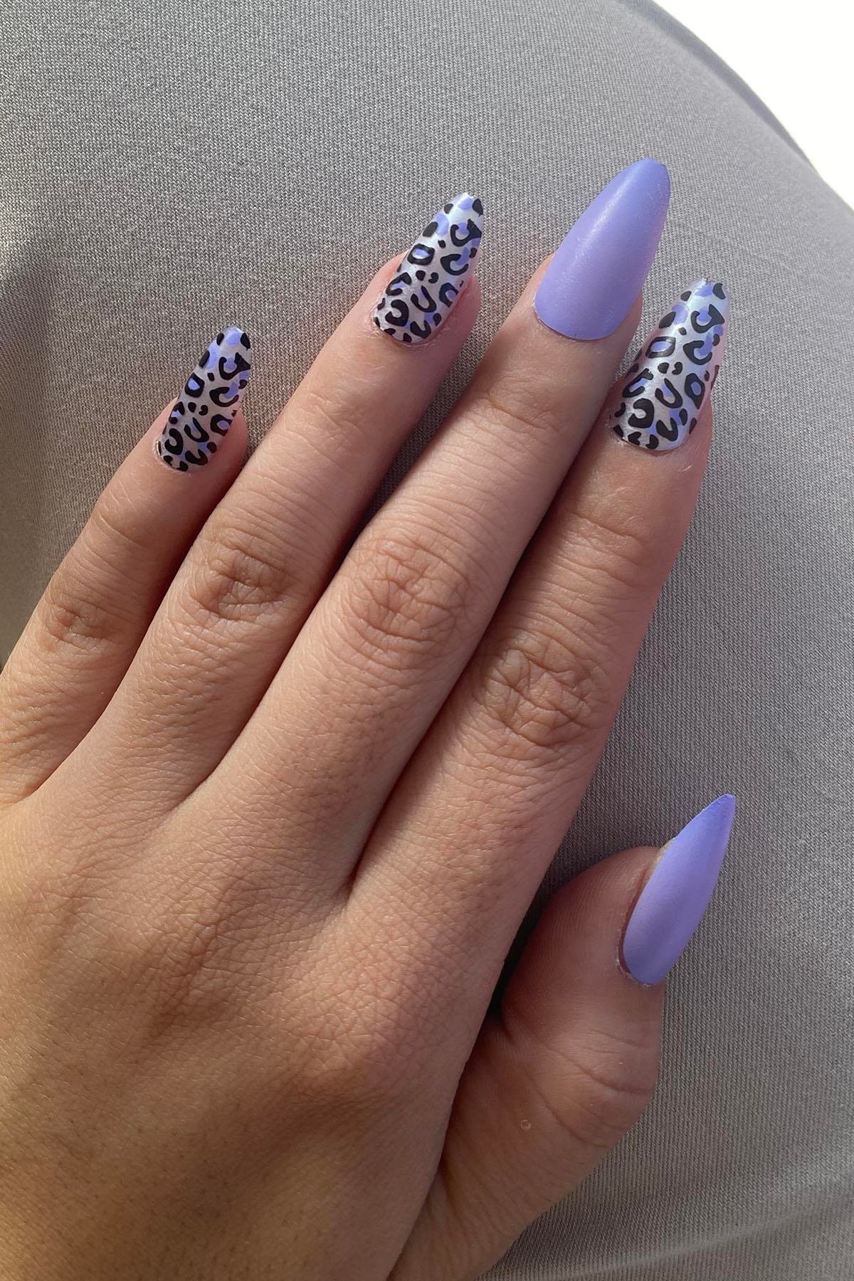 12'li Mor Renk Leopar Nail Art Figürlü Takma Tırnak Seti (Yapıştırıcılı)