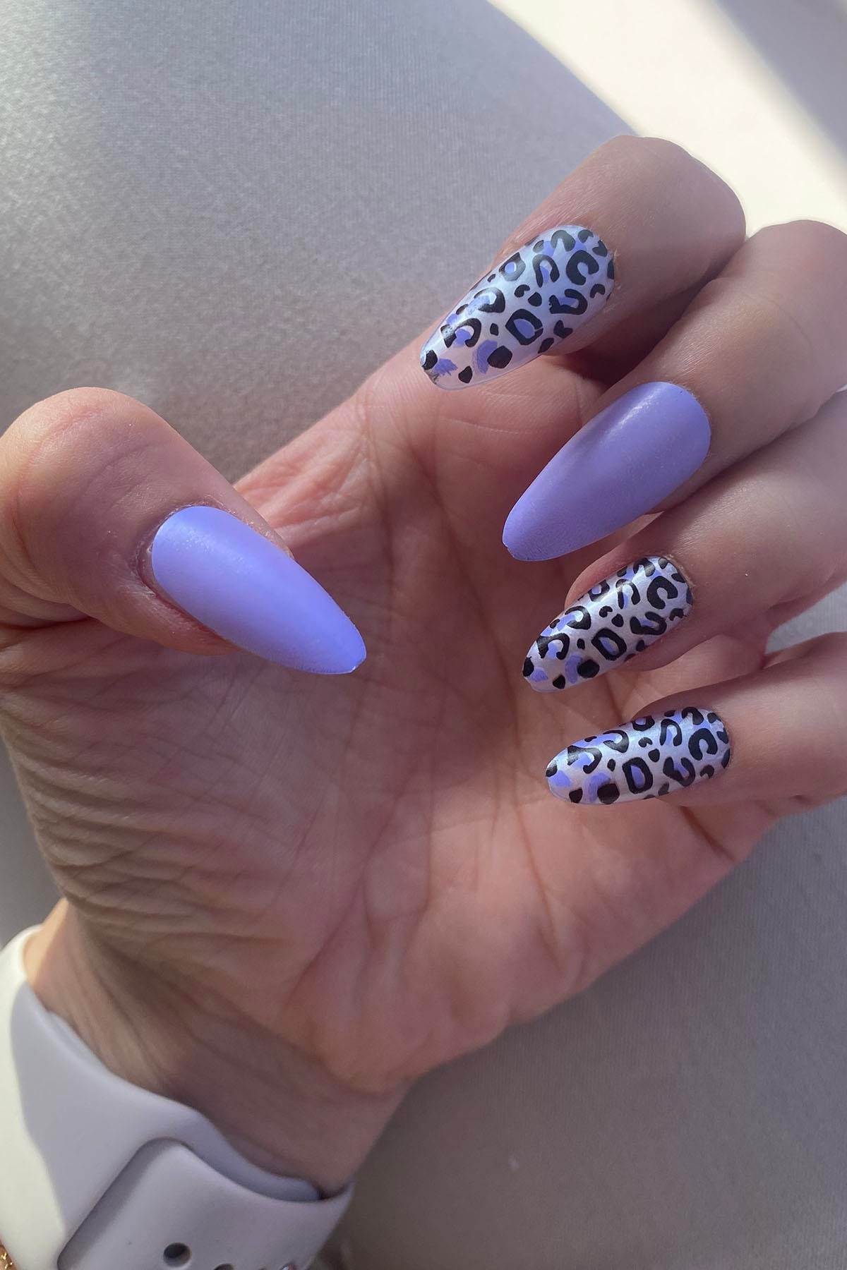 12'li Mor Renk Leopar Nail Art Figürlü Takma Tırnak Seti (Yapıştırıcılı)