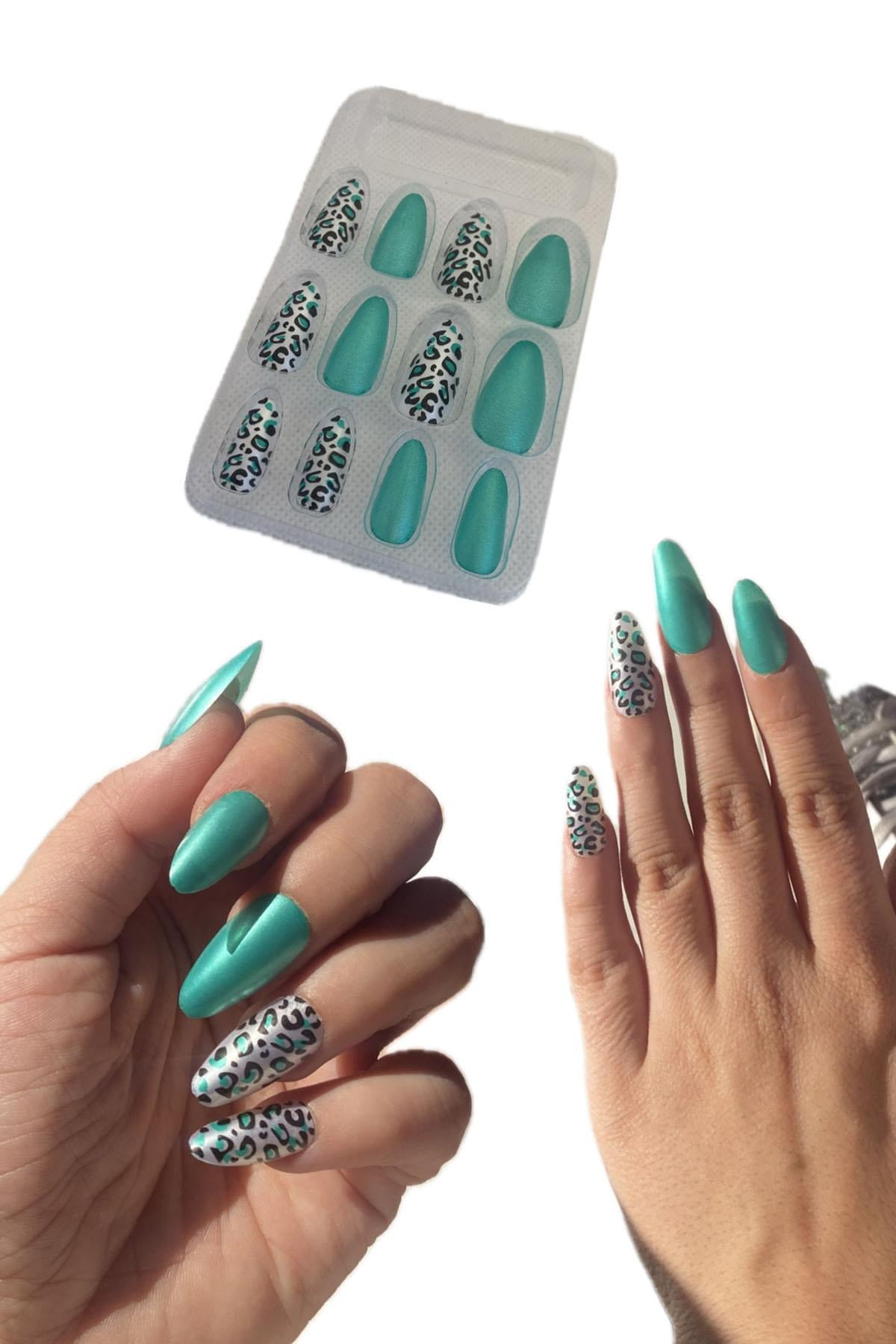 12'li Yeşil Renk Leopar Nail Art Figürlü Takma Tırnak Seti (Yapıştırıcılı)