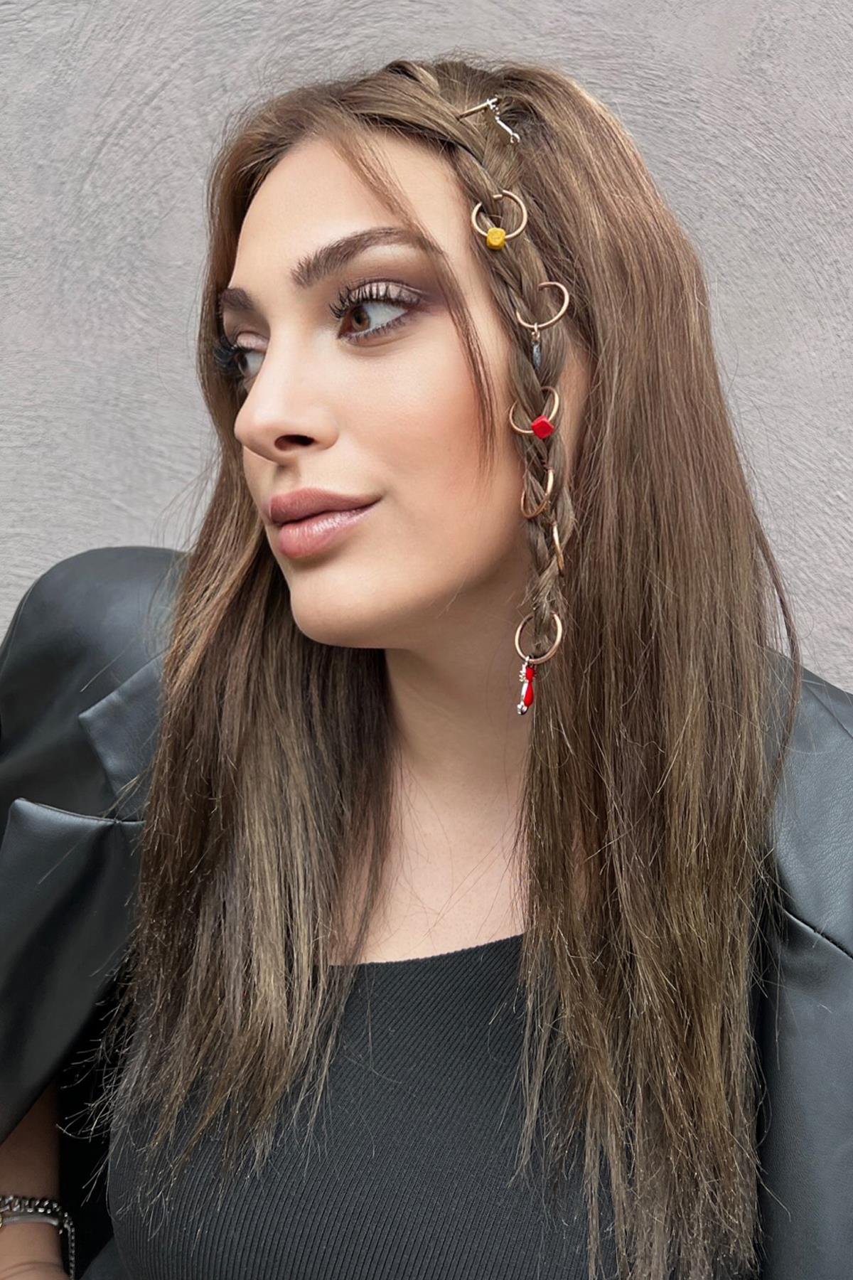 8'li Rose Renk Karışık Figürlü Saç Küpesi