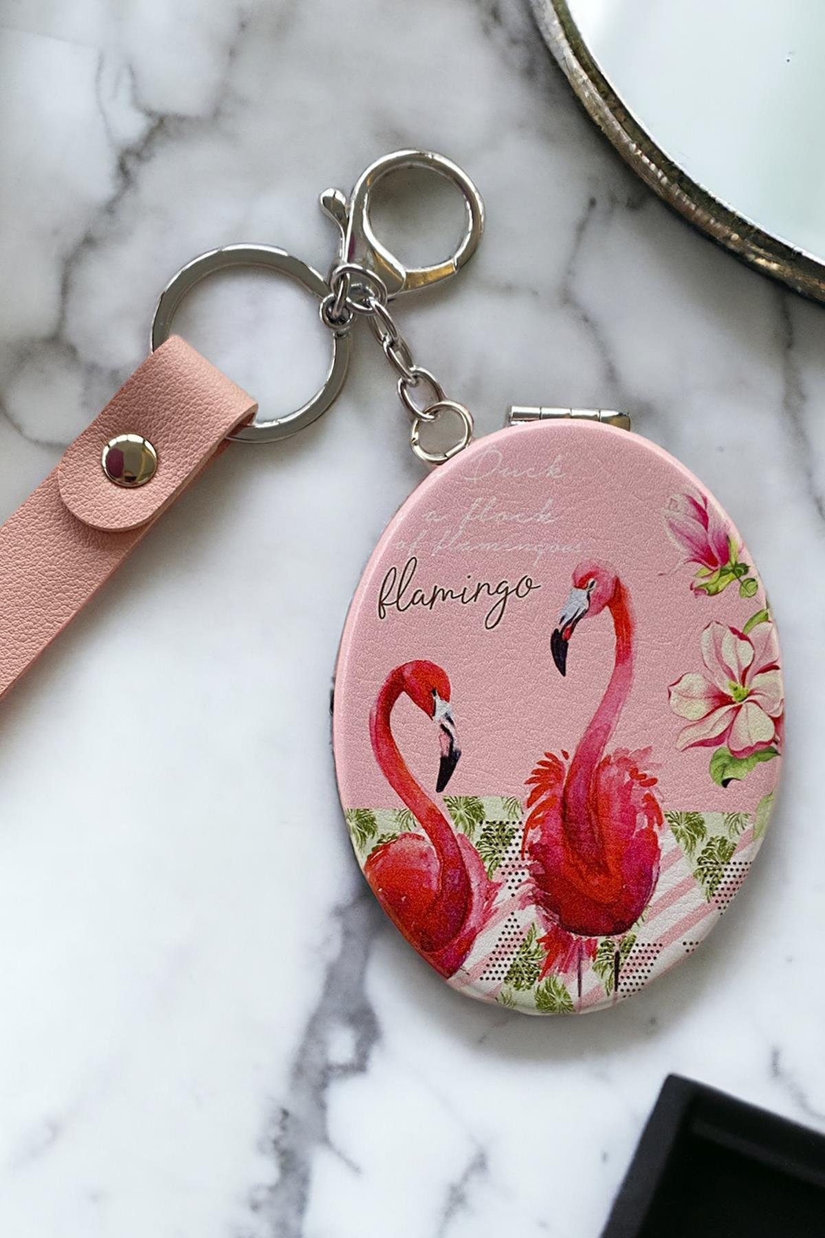Açık Pembe Renk Flamingo Figürlü Cep Aynası/ Anahtarlık