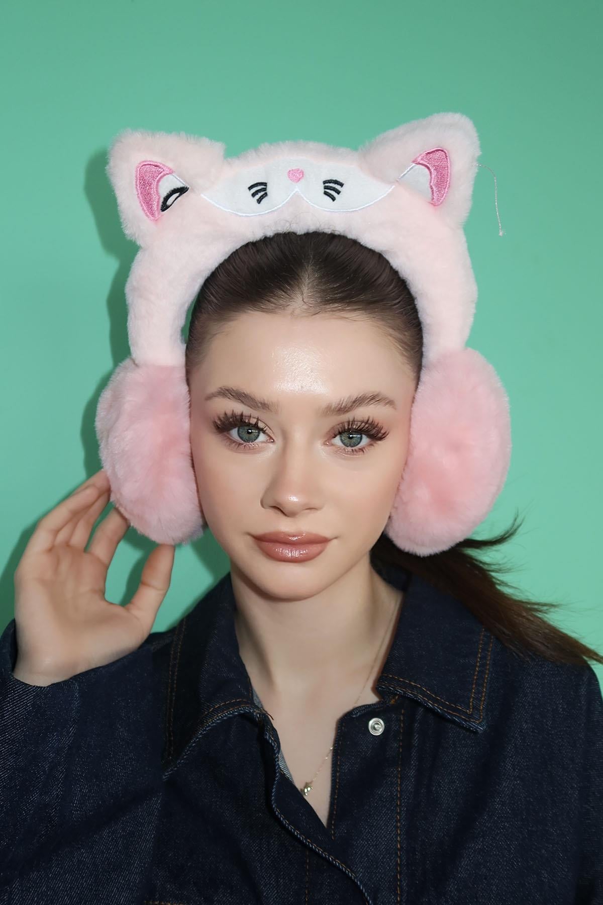 Açık Pembe Renk Kedi Figürlü Peluş Kulaklık