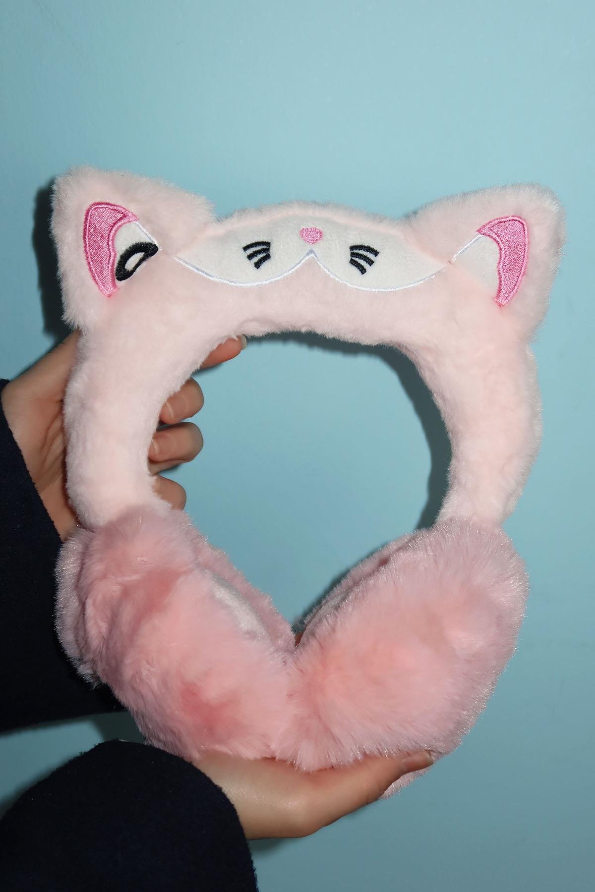 Açık Pembe Renk Kedi Figürlü Peluş Kulaklık