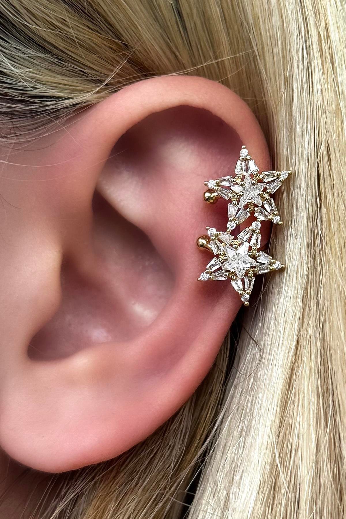 Altın Renk Çiçek Figürlü Taş Detaylı Ear Cuff (Tek)