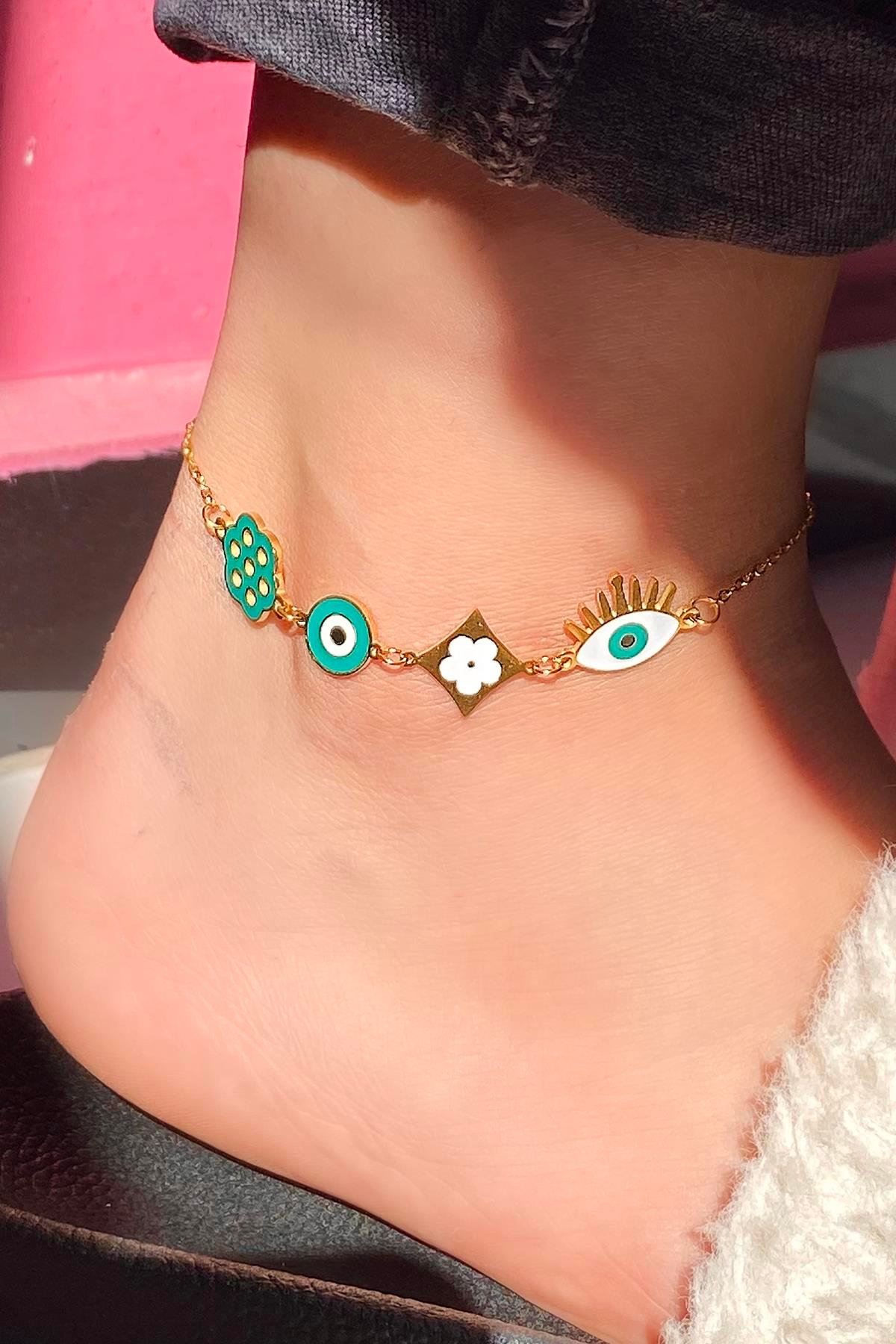 Altın Renk Göz Figürlü Çelik Halhal