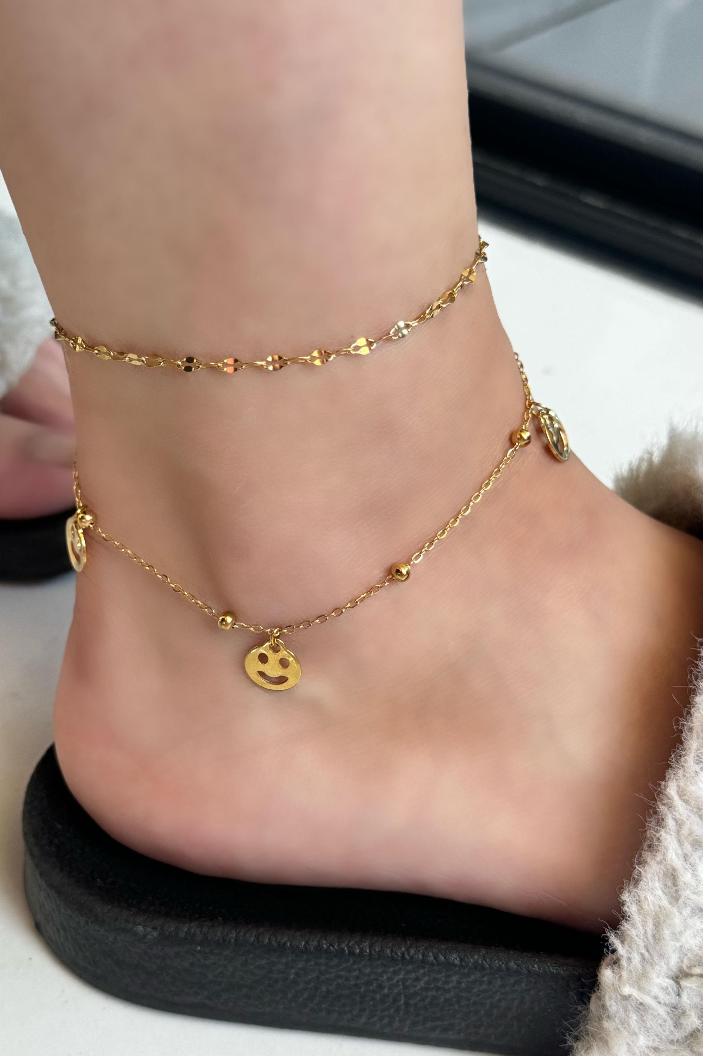 Altın Renk Gülen Yüz Figürlü Çelik Halhal