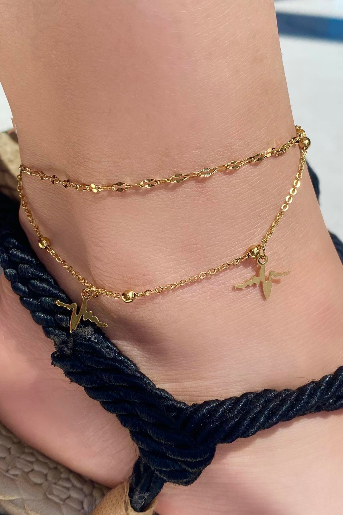 Altın Renk Kalp Atışı Figürlü Çelik Halhal