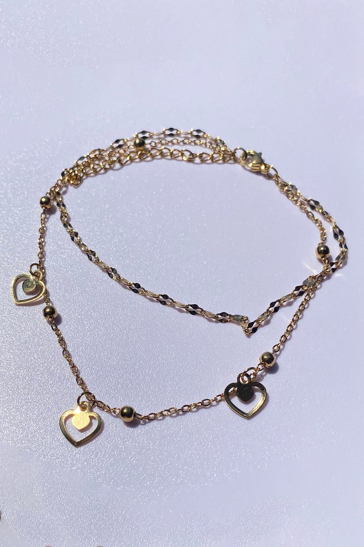 Altın Renk Kalp Figürlü Çelik Halhal