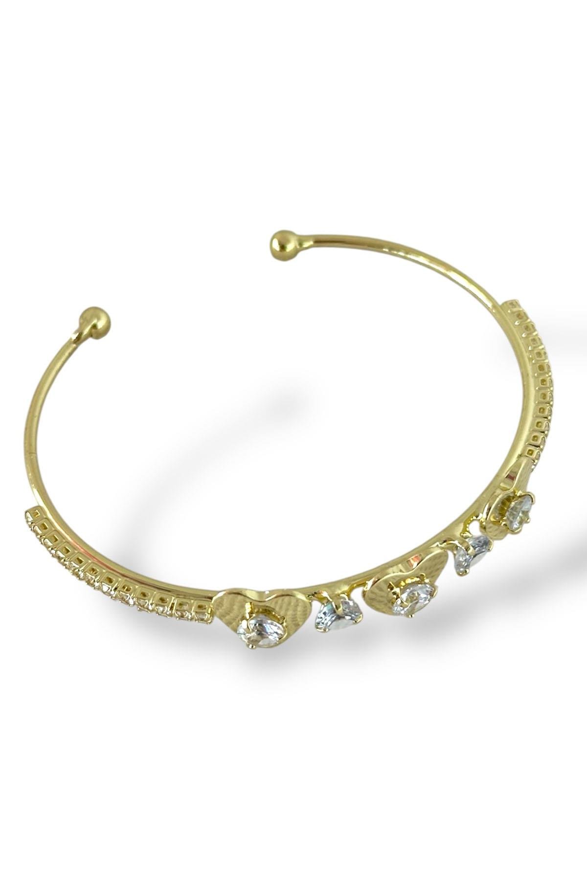 Altın Renk Kalp Figürlü Taş Detaylı Kelepçe Bileklik