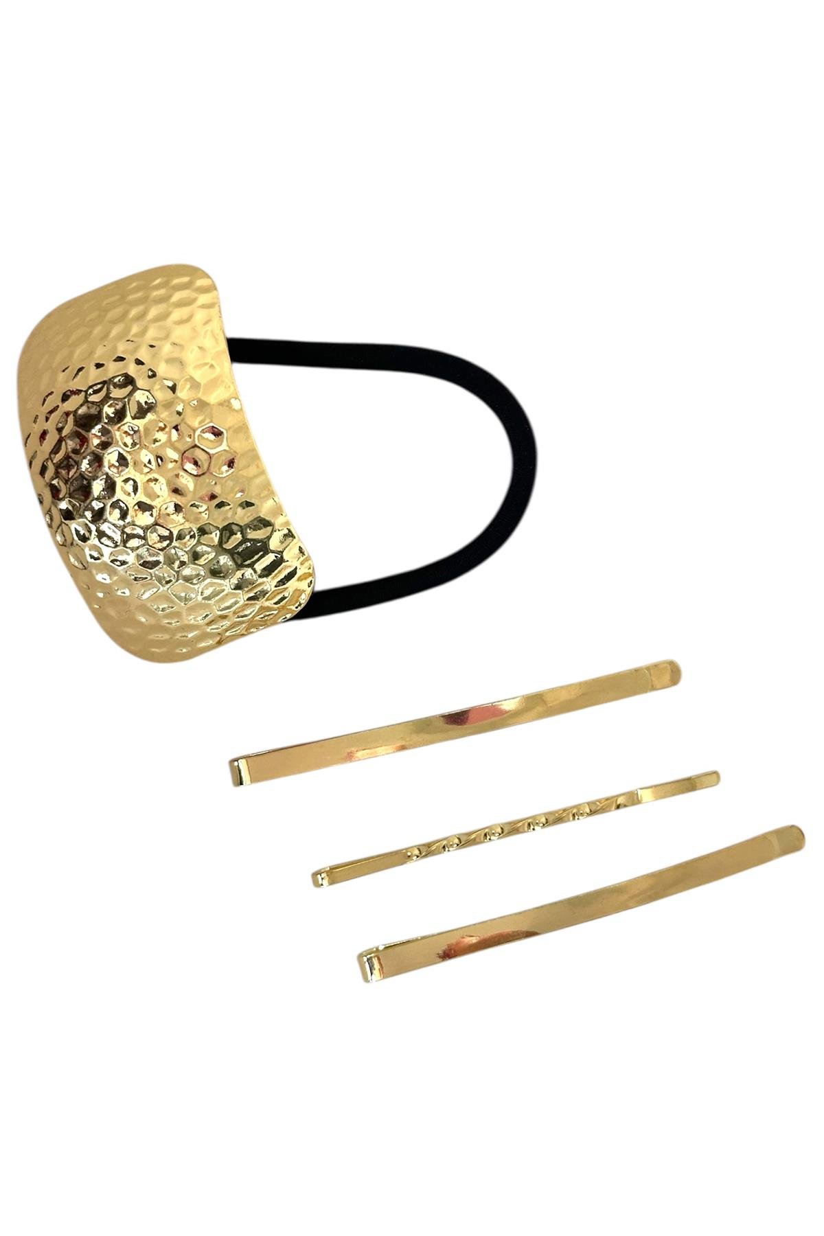 Altın Renk Metal Detaylı Lastik Ve Tel Toka Set