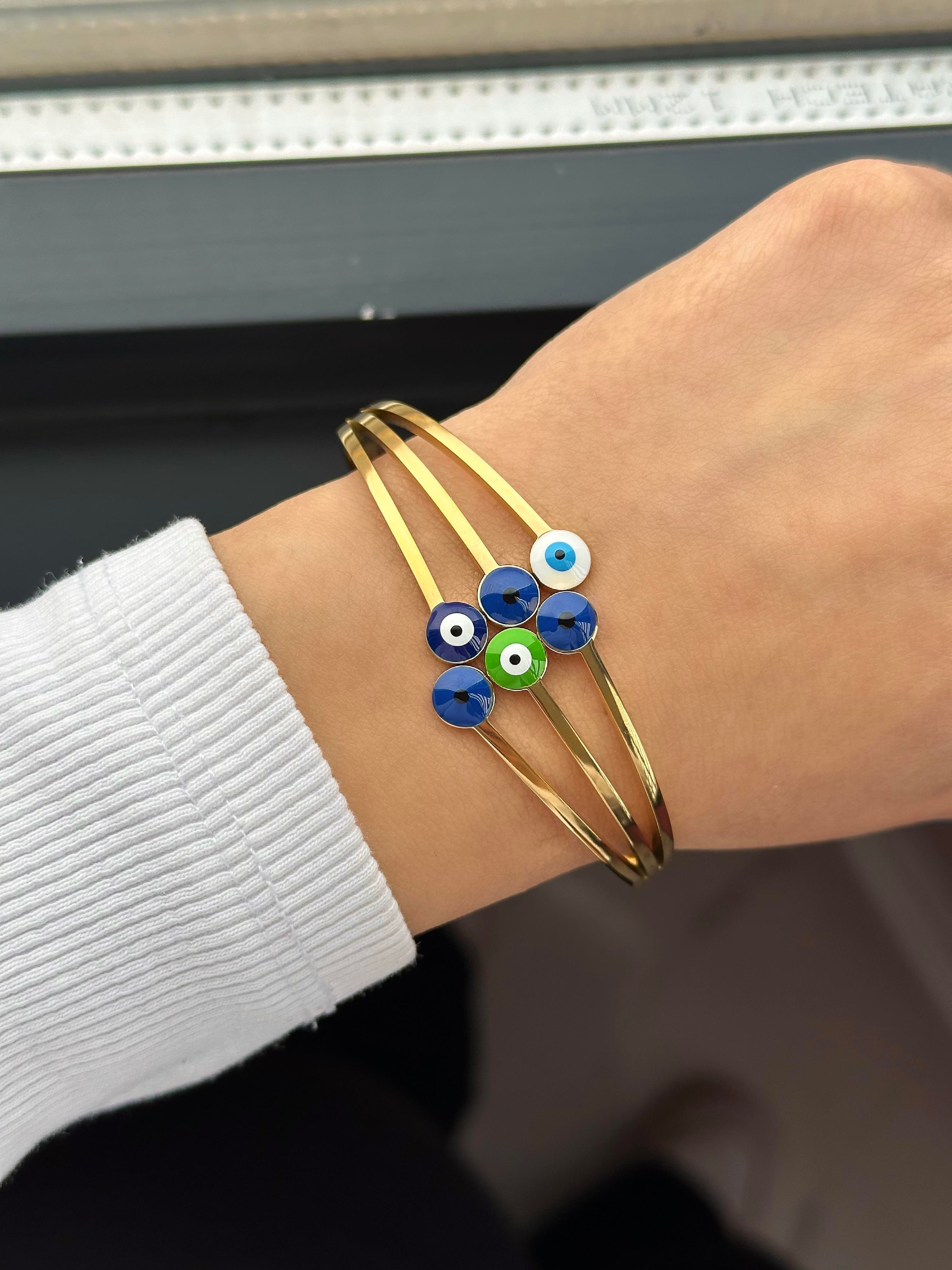 Altın Renk Nazar Boncuğu Figürlü Çelik Kelepçe Bileklik