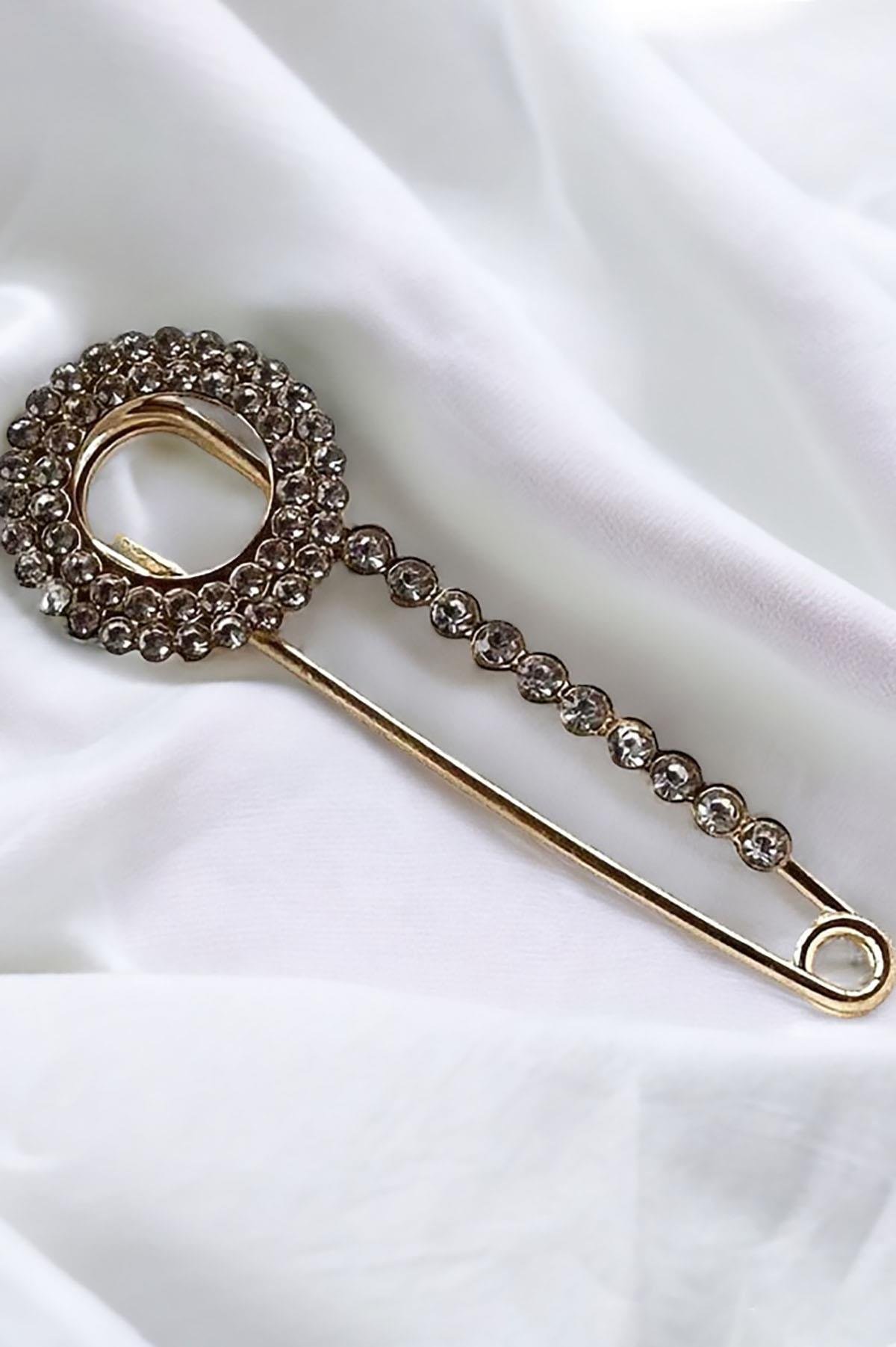 12'li Altın Renk Taş Detaylı Eşarp İğnesi /Broş 