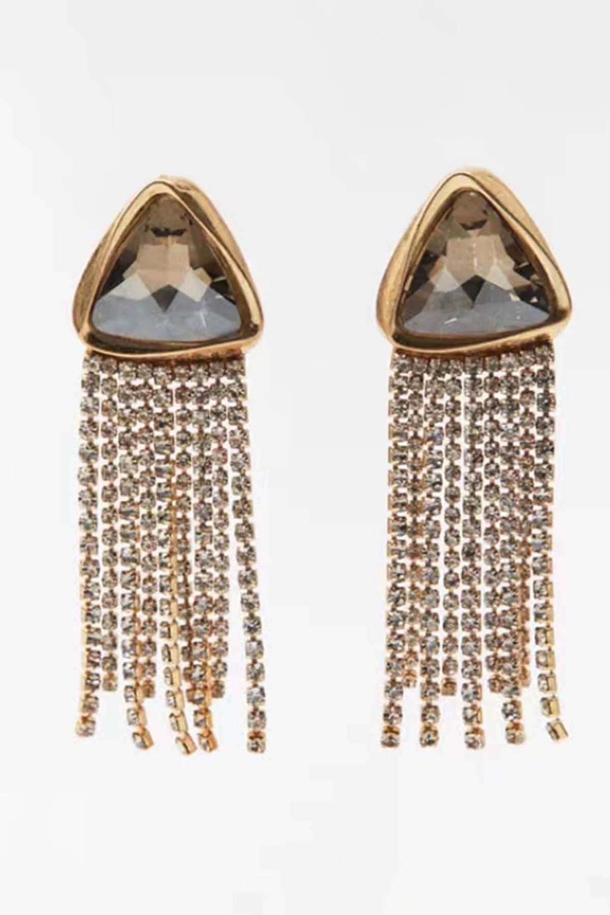 Altın Renk Taş Detaylı Sallantılı Abiye Küpe (Çift)