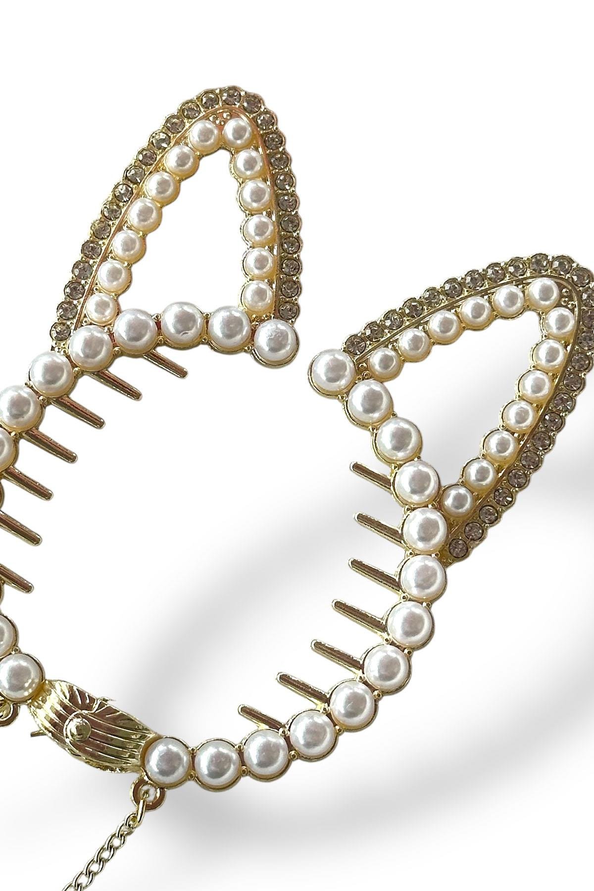 Altın Renk Tavşan Figürlü İnci Detaylı Sallantılı Topuz Tokası