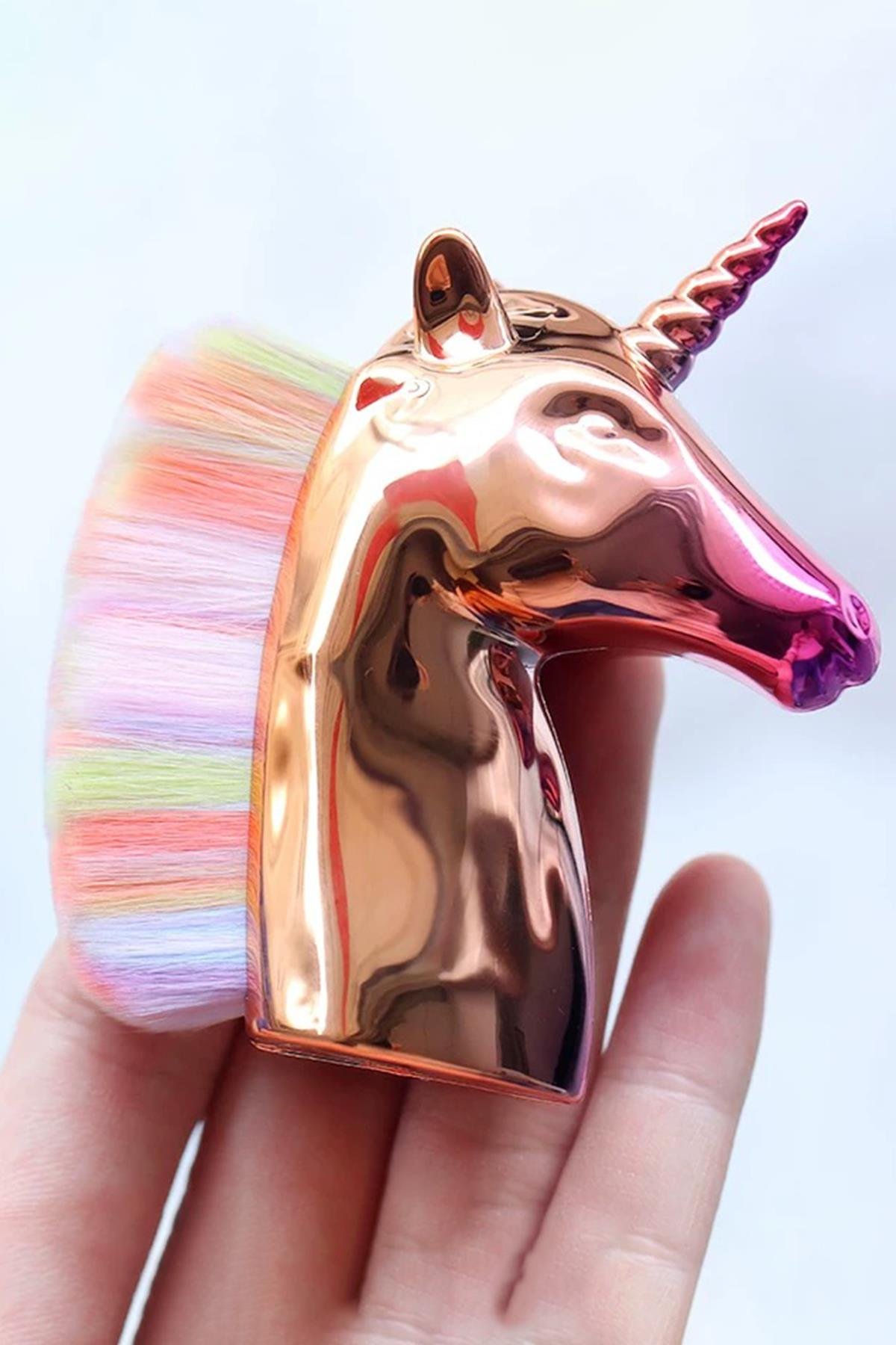 Altın Renk Unicorn Figürlü Allık/Makyaj Fırçası