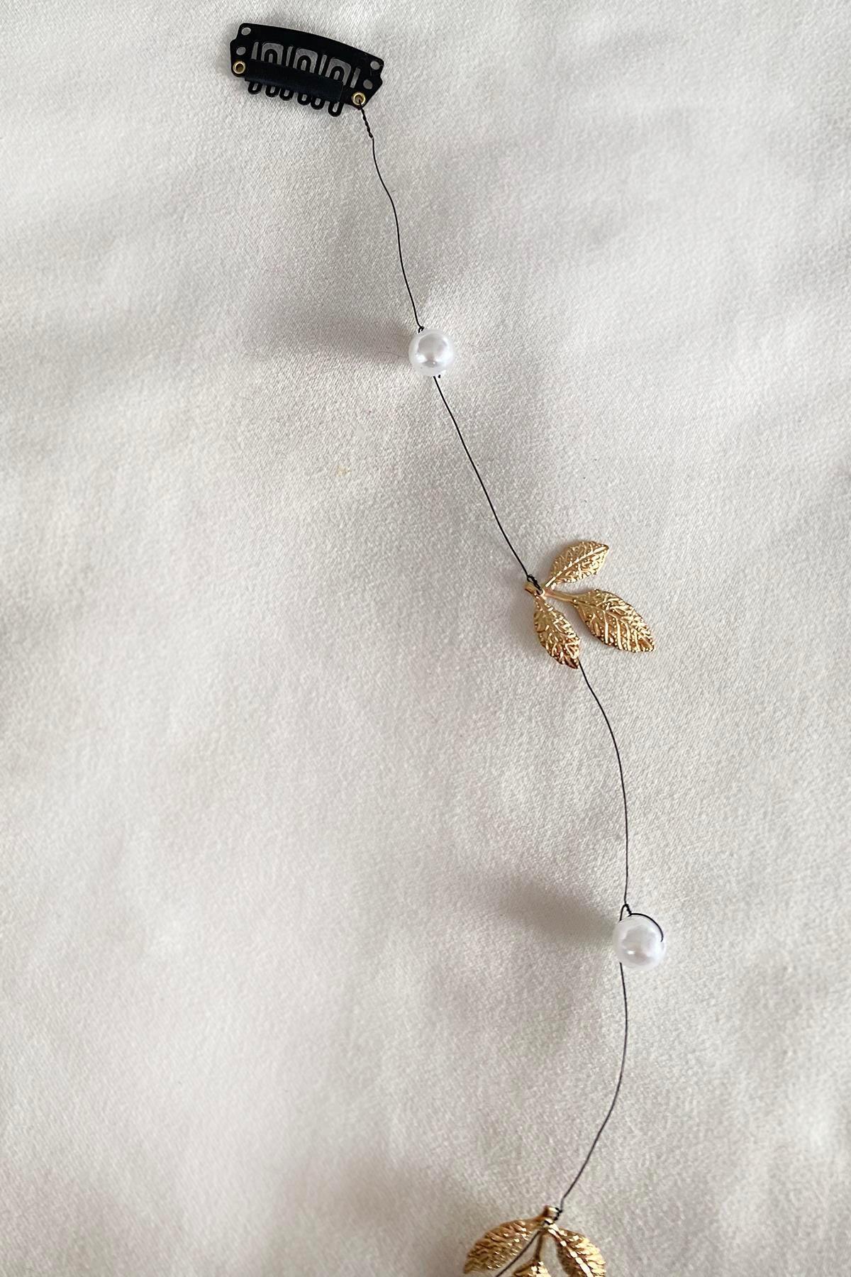 Altın Renk Yaprak Ve İnci Detaylı Çıtçıtlı Saç Aksesuarı 