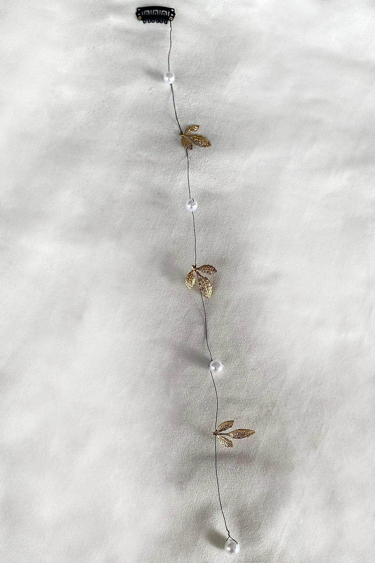 Altın Renk Yaprak Ve İnci Detaylı Çıtçıtlı Saç Aksesuarı 