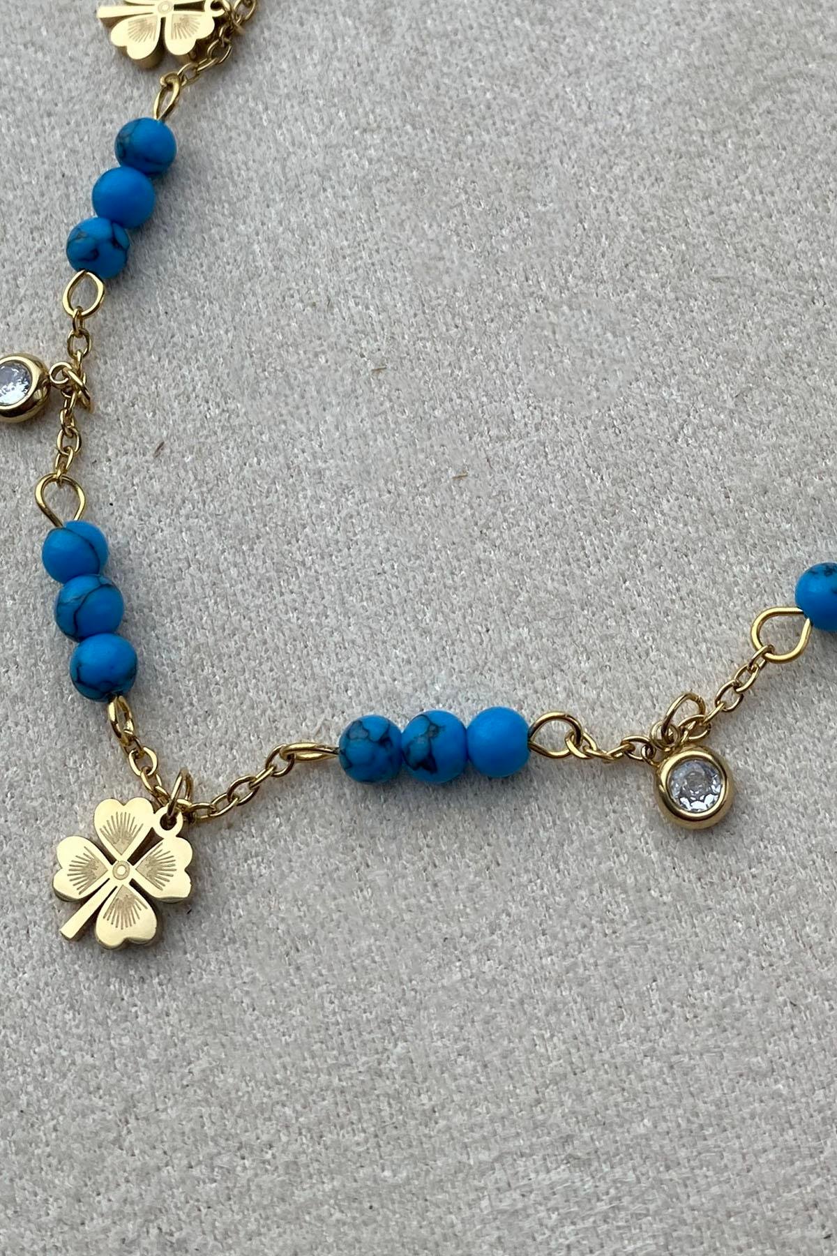 Altın Renk Yonca Figürlü Boncuk Detaylı Çelik Halhal