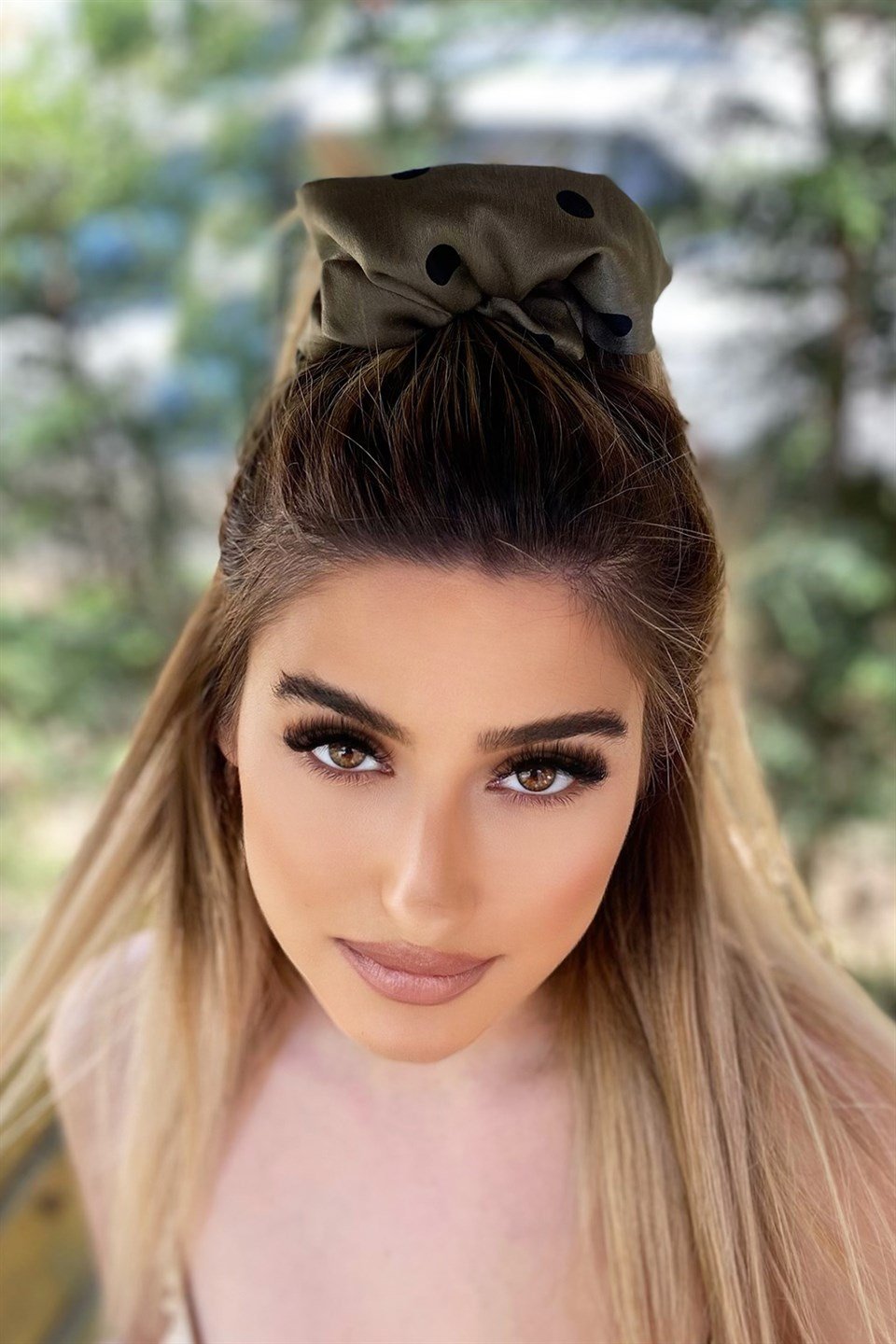 Asker Yeşil Renk Puantiyeli Scrunchies Lastik Toka