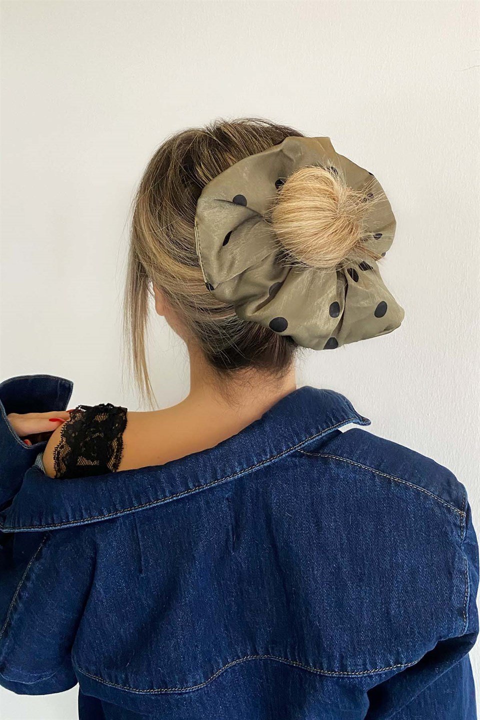 Asker Yeşil Renk Puantiyeli Scrunchies Lastik Toka