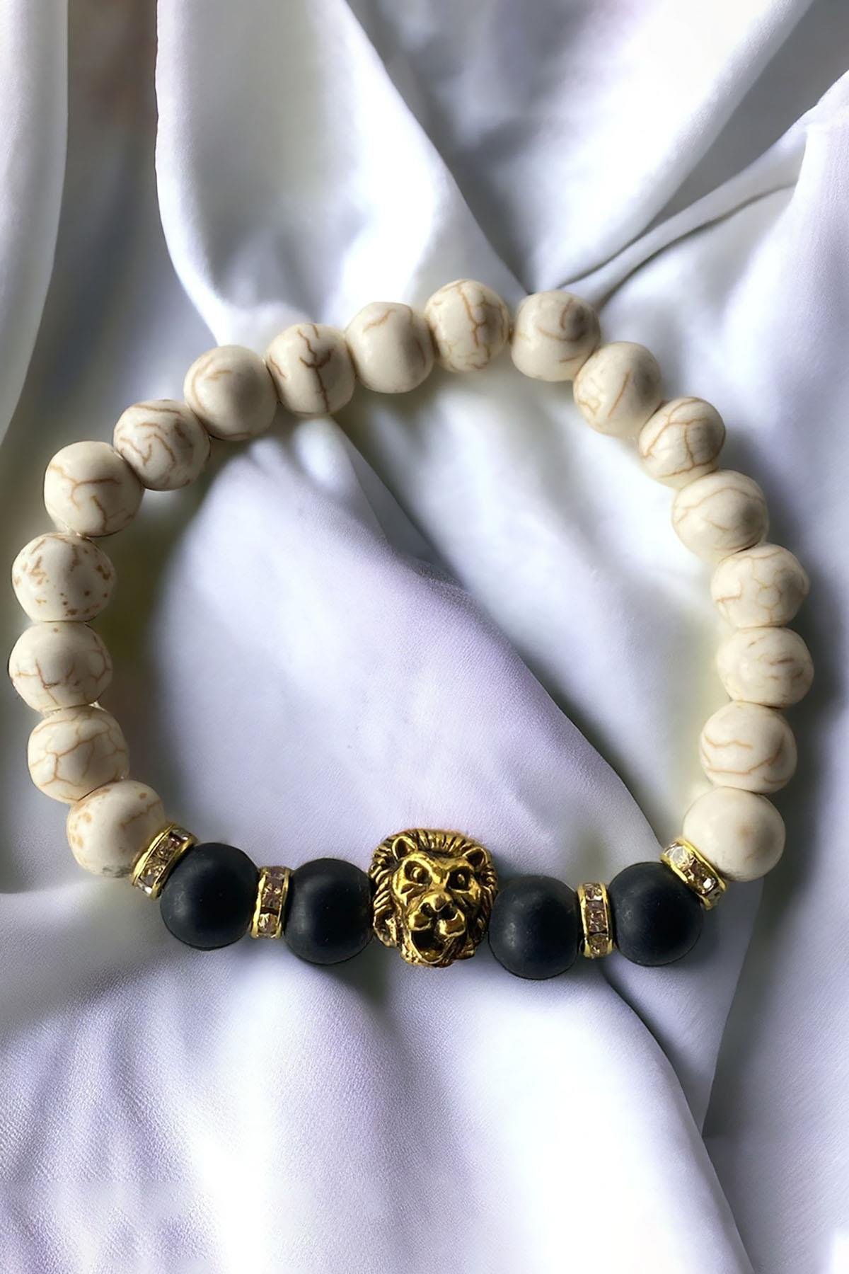 Beyaz Renk Aslan Figürlü Boncuk Detaylı Erkek Bileklik