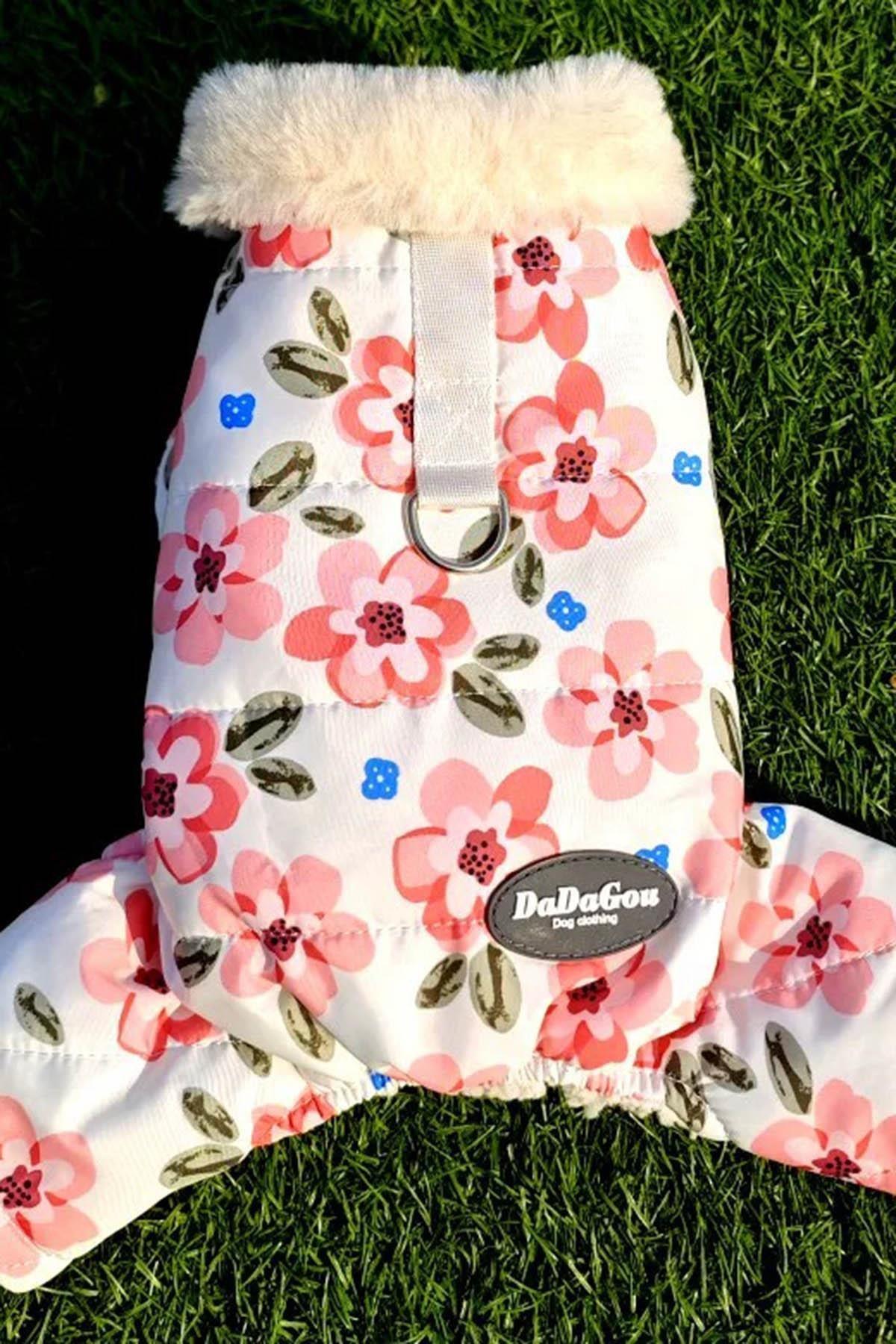 Beyaz Renk Çiçek Figürlü Su Geçirmez Kalın Tüylü Astarlı XL Köpek Mont