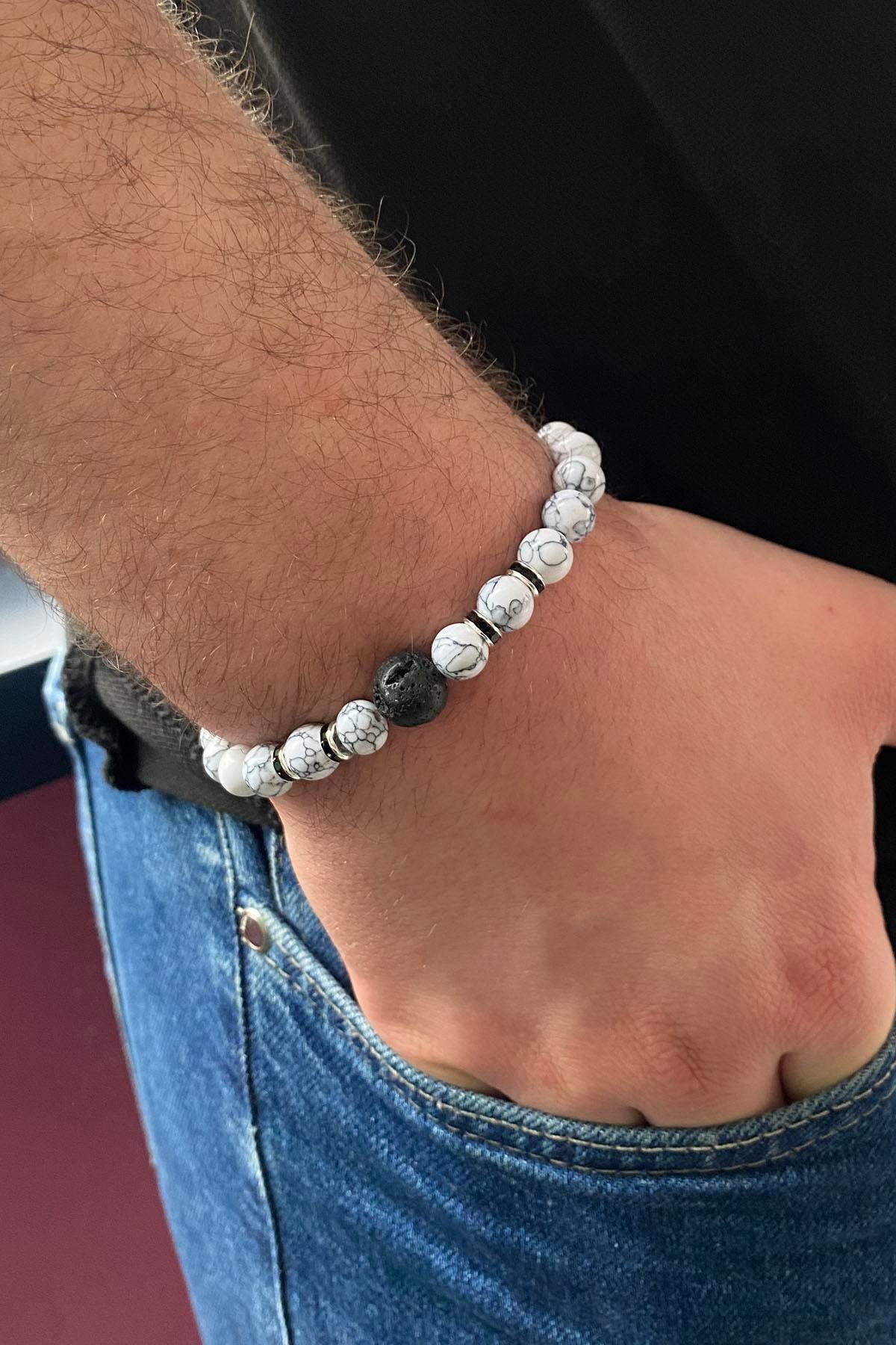 Beyaz Renk Mermer Desenli Erkek Bileklik