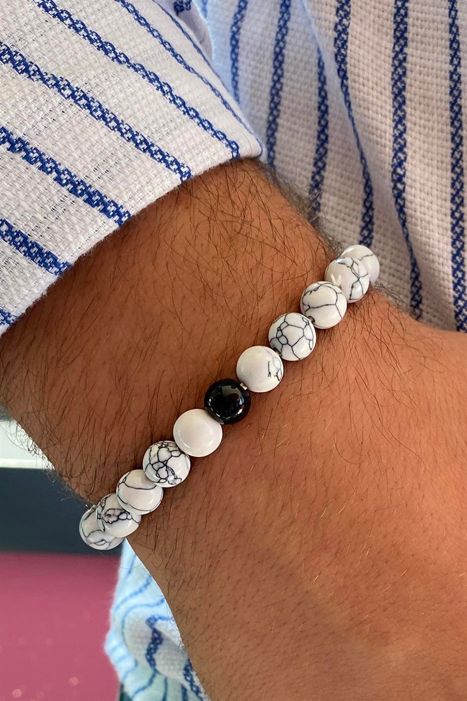 Beyaz Renk Mermer Desenli Erkek Boncuk Bileklik